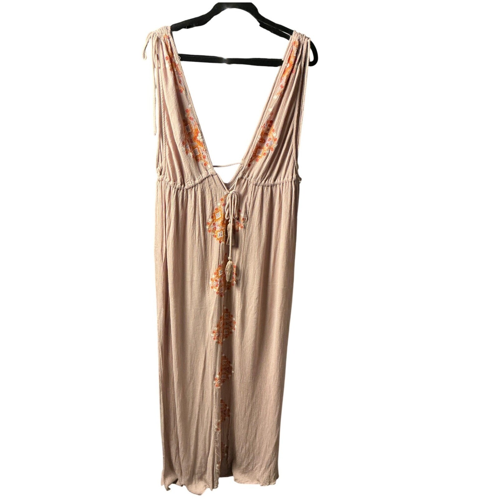 O’Neill Womens XL Boho Embroidered Gauze Maxi Dress Mauve Pink V-Neck Tassels