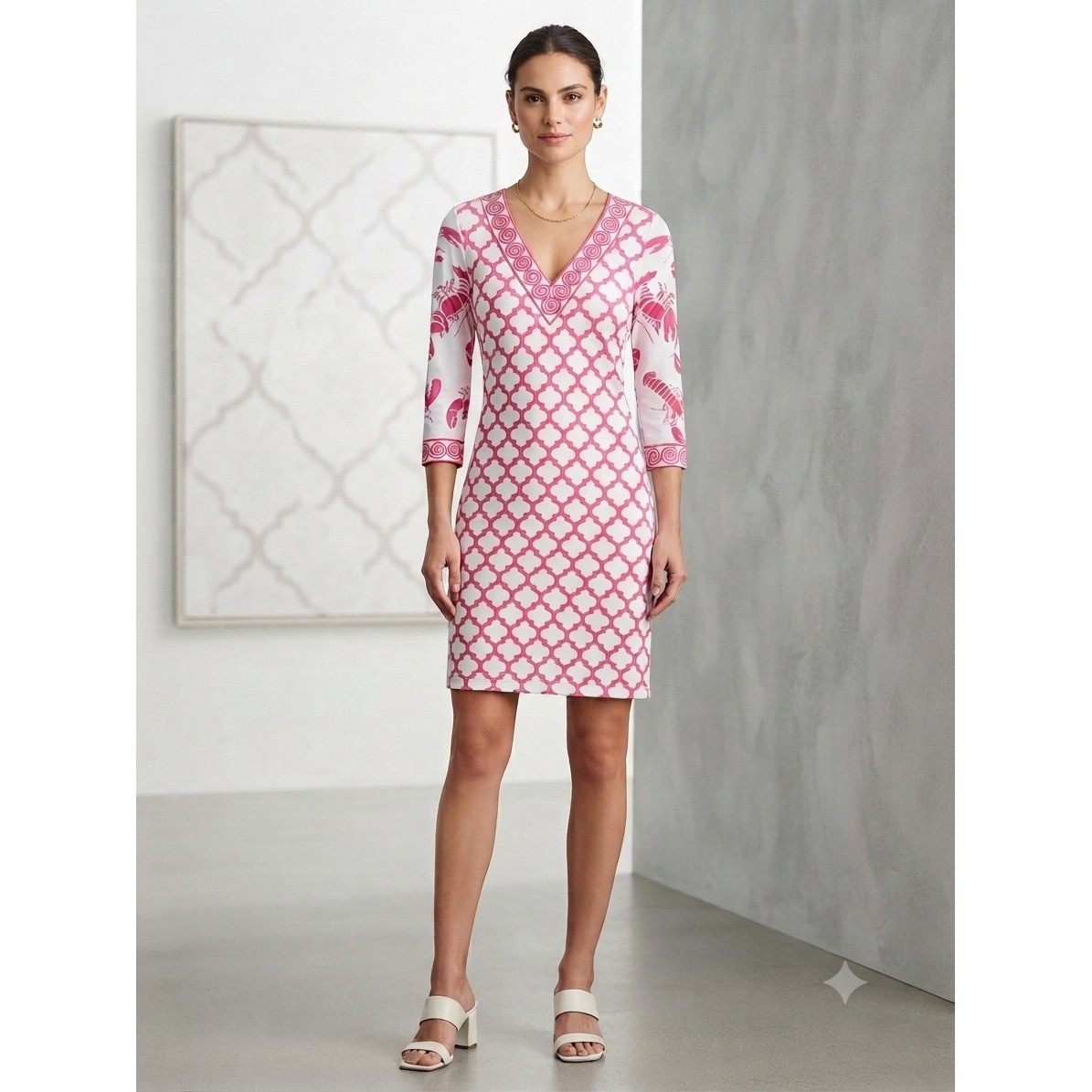 Gretchen Scott Pink White Trellis Lobster Print V-Neck Tunic Shift Dress S
