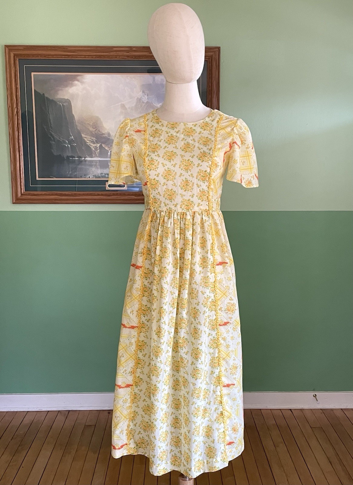 VTG XS 70s Butter Yellow Floral Patchwork Country Romance Dress Prairie Wedding