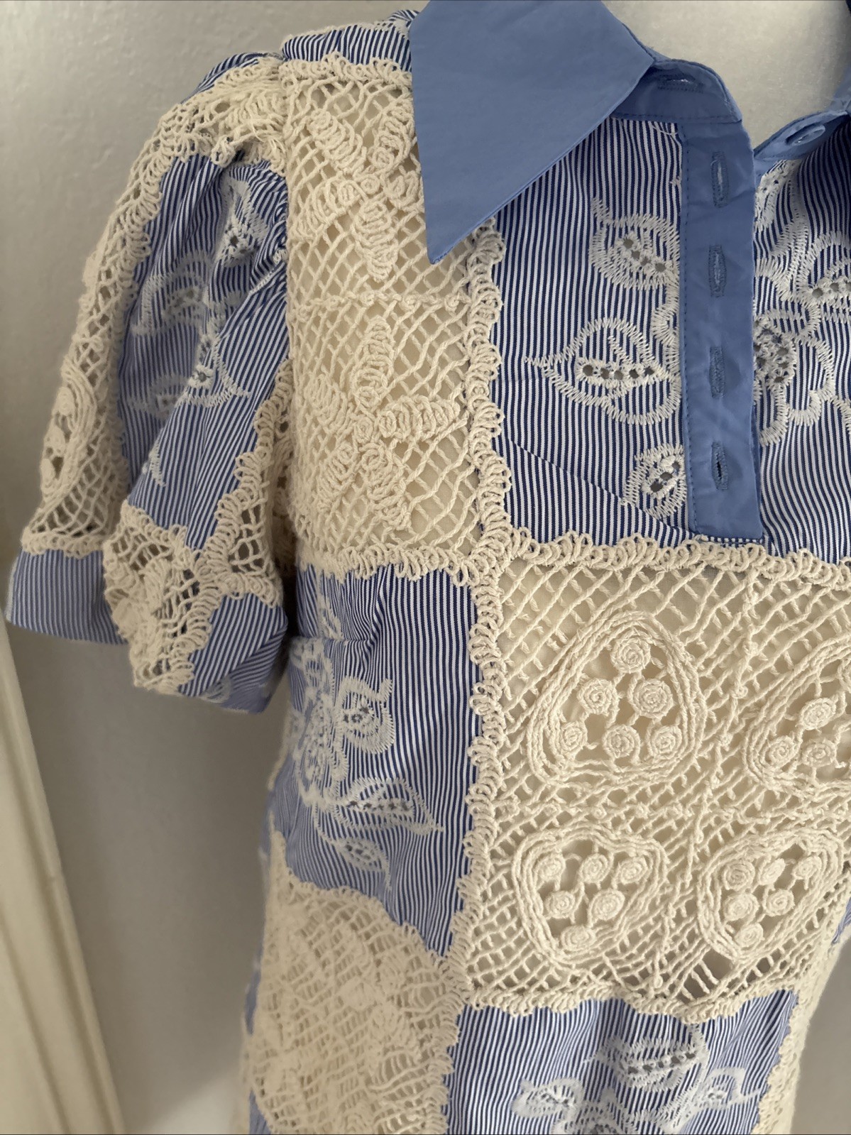 Sofie the label Blue Ivory Crochet Shirt Dress S Collared Puff Sleeve Button