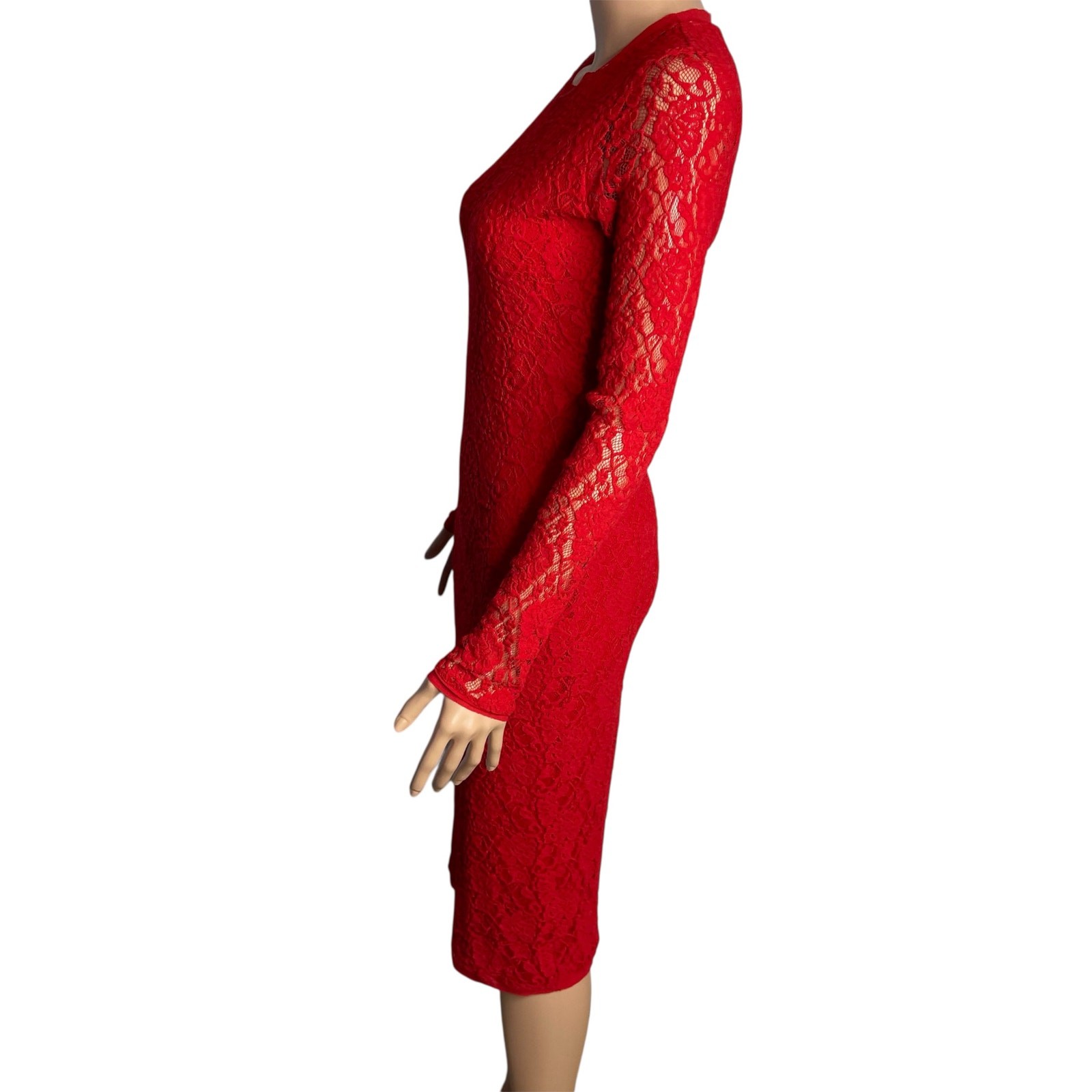 Fuzzi Long Sleeve Solid Lace Dress Midi size Large Red Bodycon