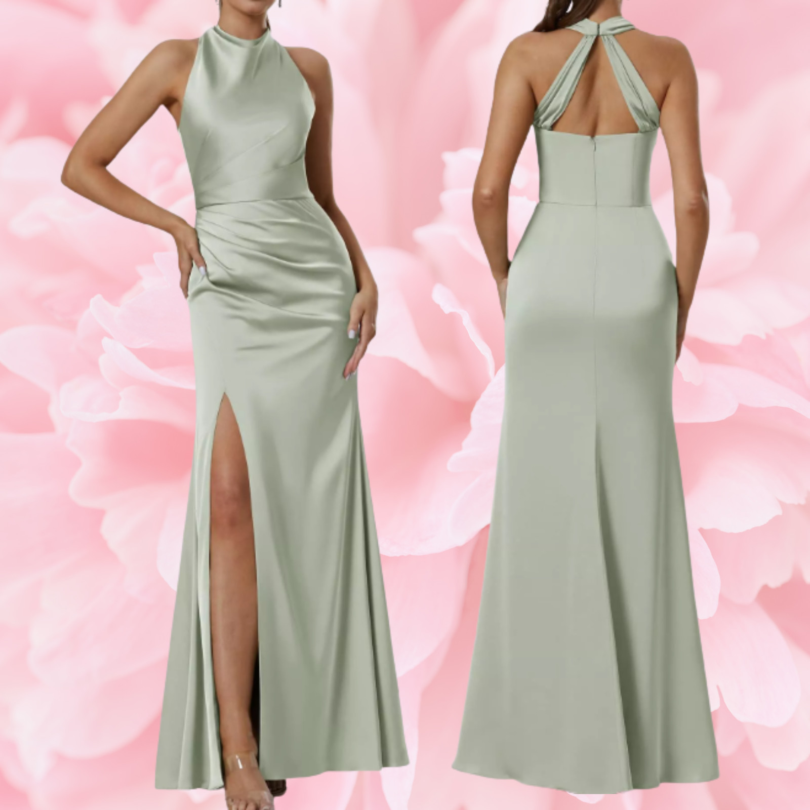 AW BRIDAL SZ 6 S sage green satin charmeuse Maharaol formal maxi dress NEW b39