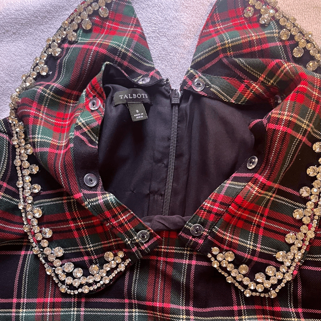 Talbots Classic Christmas Dashing Plaid Removable Rhinestone Collar Dress 8