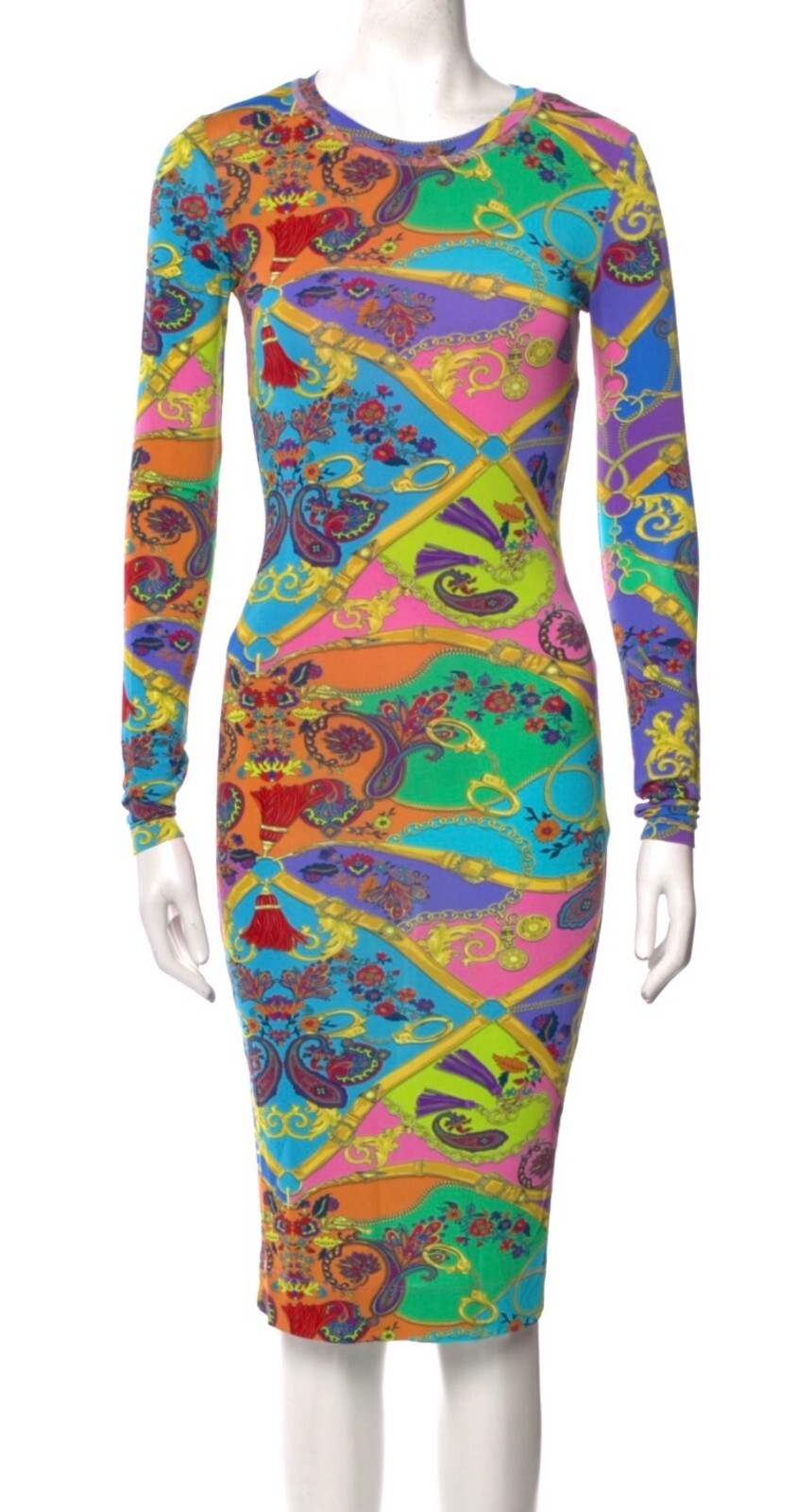 Versace Jeans Couture 2019 Blue Pink Medusa Sheath Dress 36 38 40 0 2 4 XS S