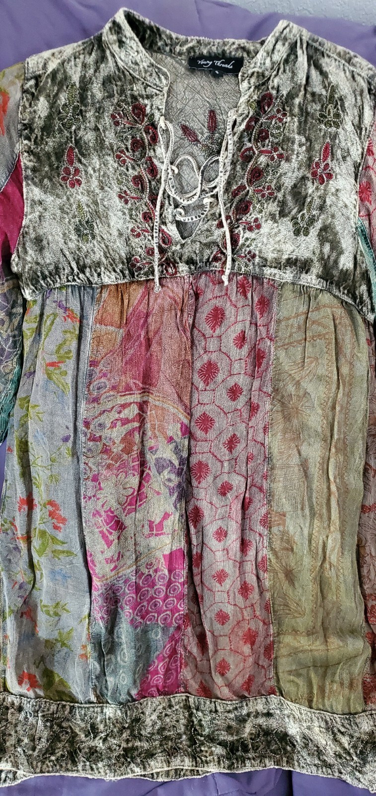 Young Threads Embroidered Boho Hippie Patchwork Flowy Lined Dress Size S