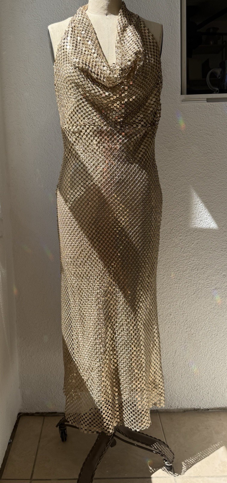 Zara Gold Halter Cowl Neck Open Back Sequin Midi Dress Size l