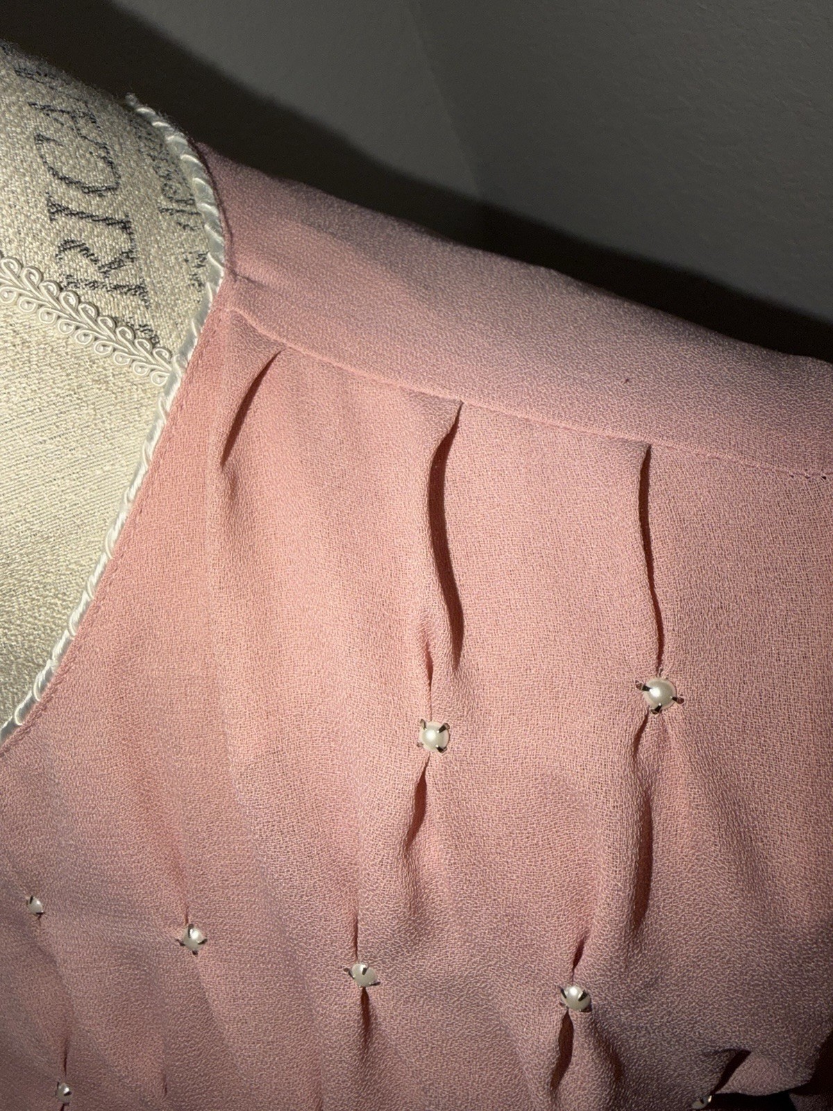 Terri Ellen Pink Solid Midi Dress Round Neck Puff Sleeve Beaded Zip