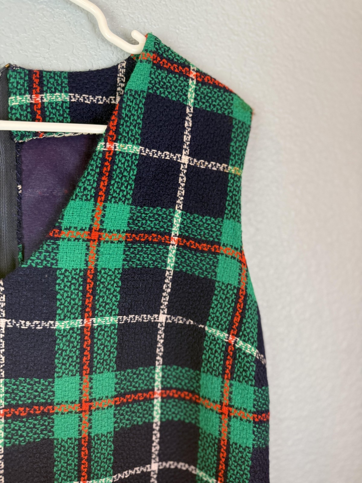 Vintage Plaid Dress Womens Medium Green Blue Sleeveless Mod Style Lined 60s 70s