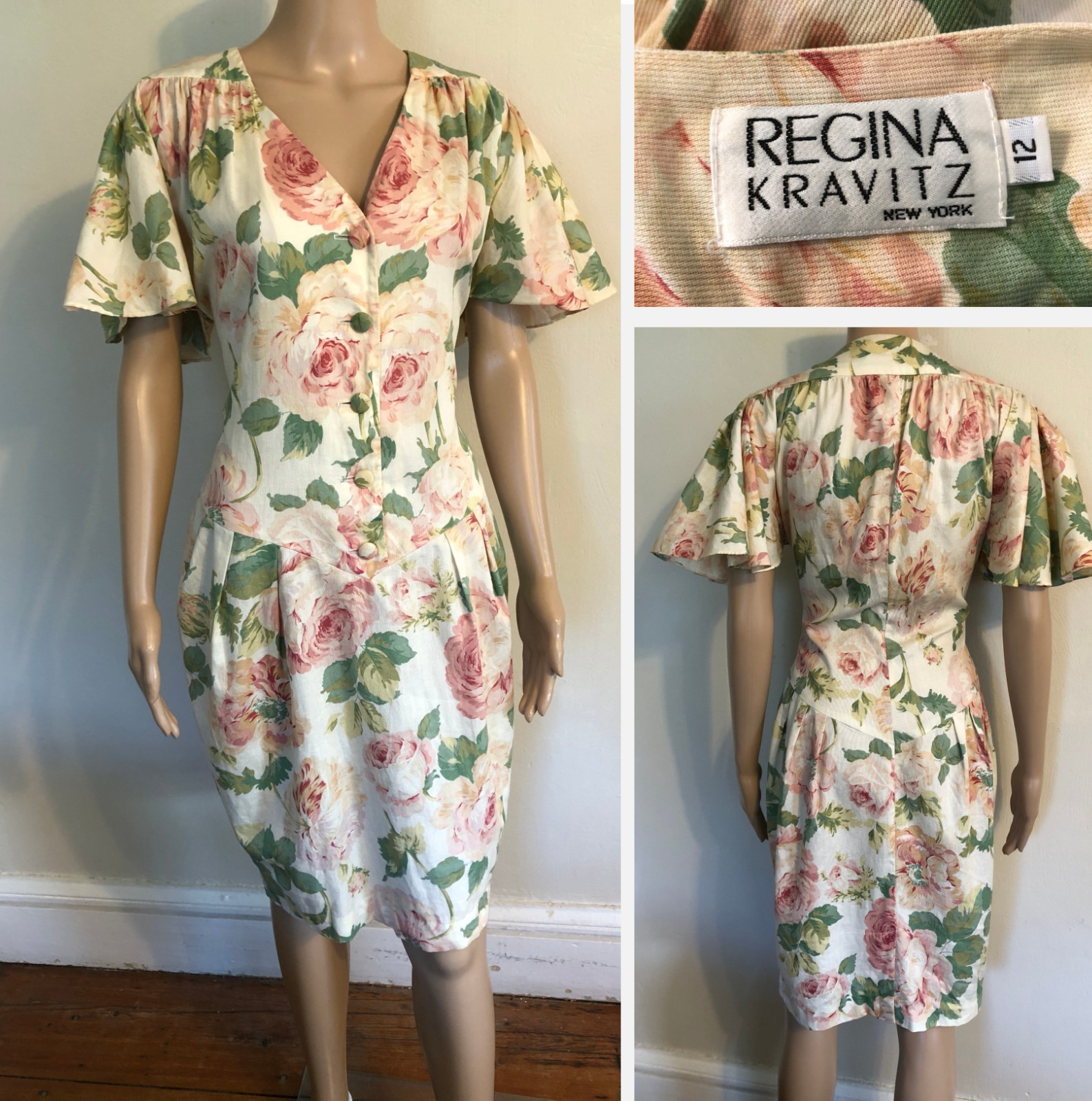 vtg Regina Kravitz 1930s Tulip Style Floral Dress Sz 12 Union Made in USA