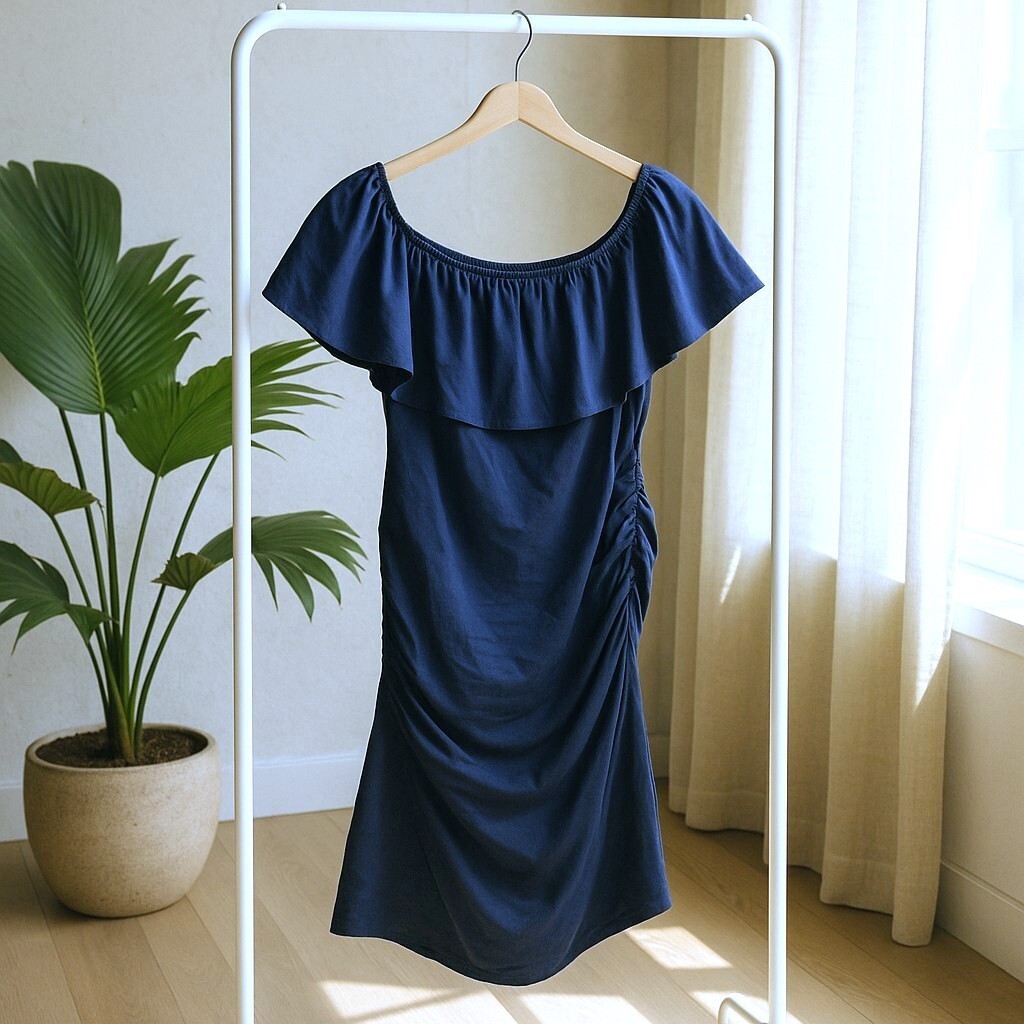 Kim S Maternity Dress L Navy Blue Off Shoulder Stretch Knee Length USA Seller