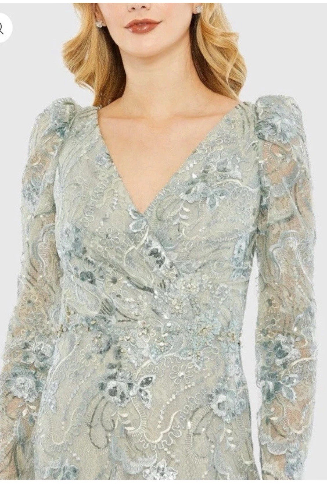 Mac Duggal Floral Embellished V-Neck Illusion Long Sleeve Gown 67539 Seamist 18