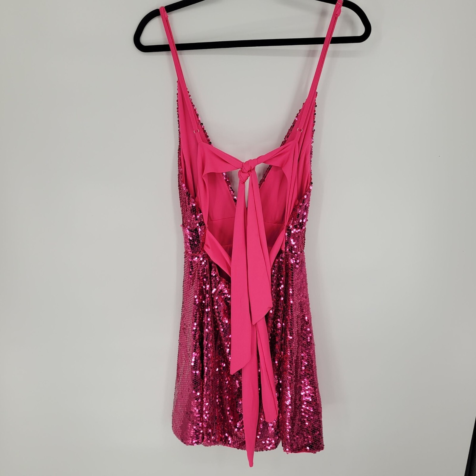 Pink womens Large sequin v neck tie back speghetti strap party mini dress