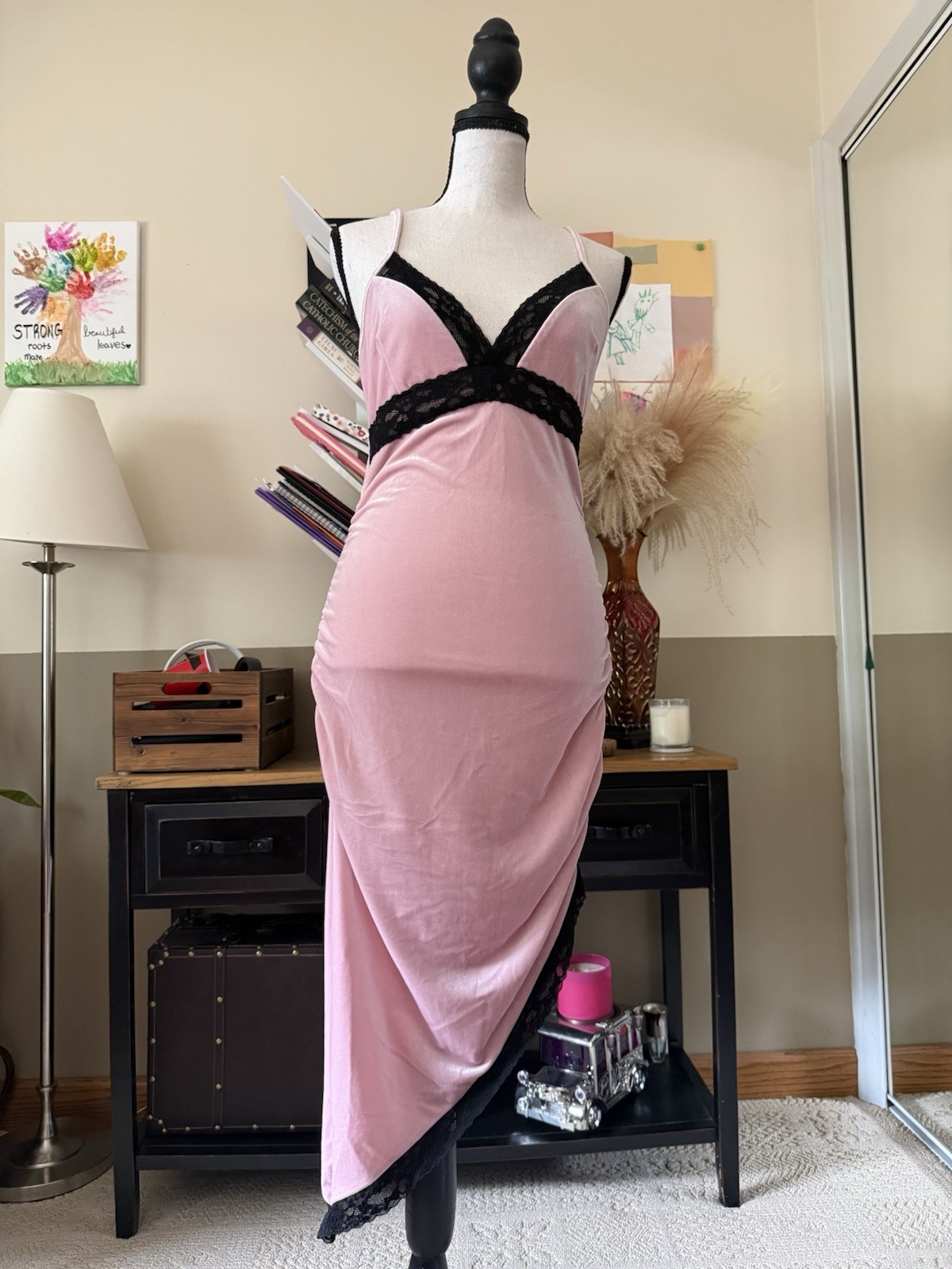 Forever 21 pink asymmetric velvet maxi slip dress with black lace trim, size M