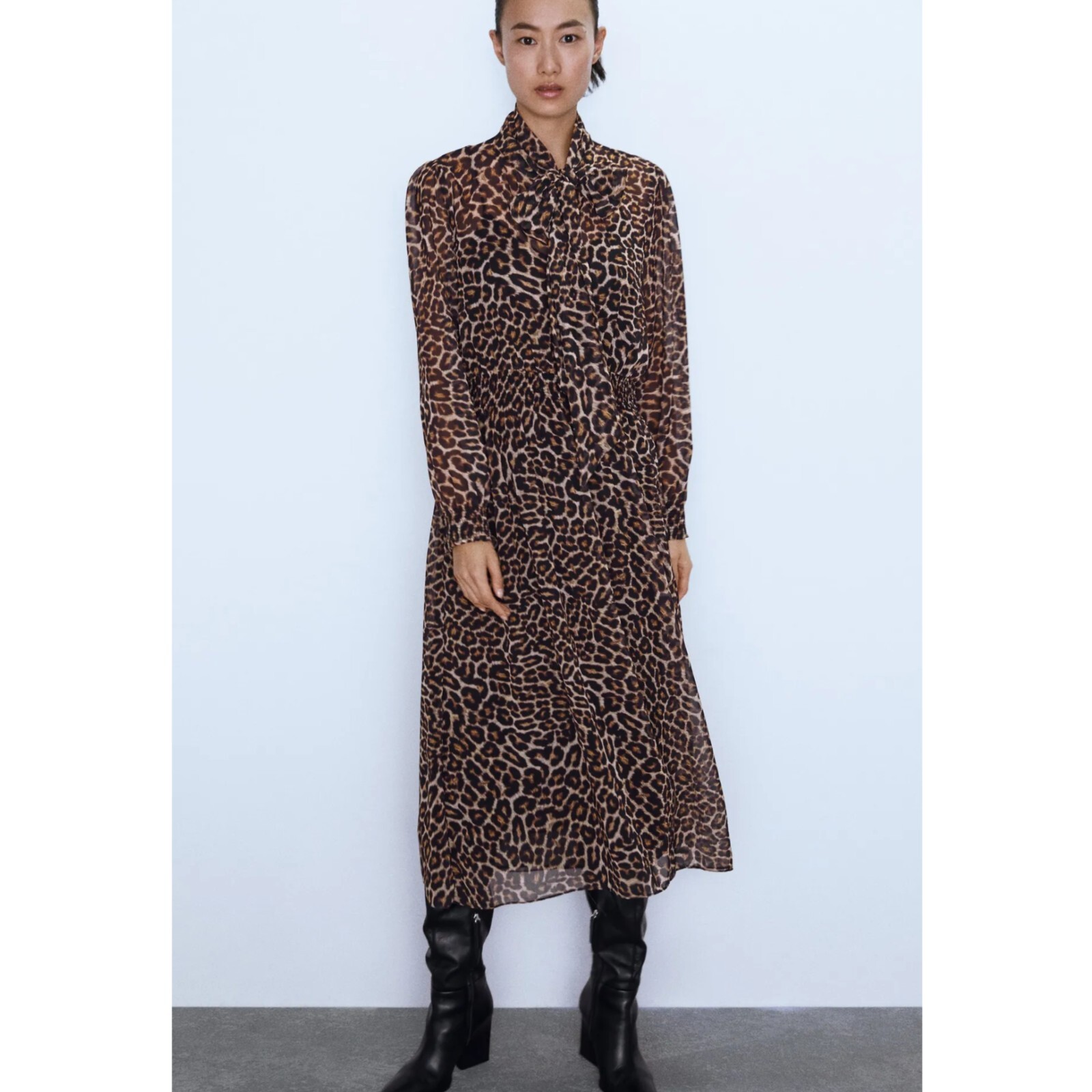ZARA Cheetah Print Long Dress With Neck Tie Women’s Size XS
