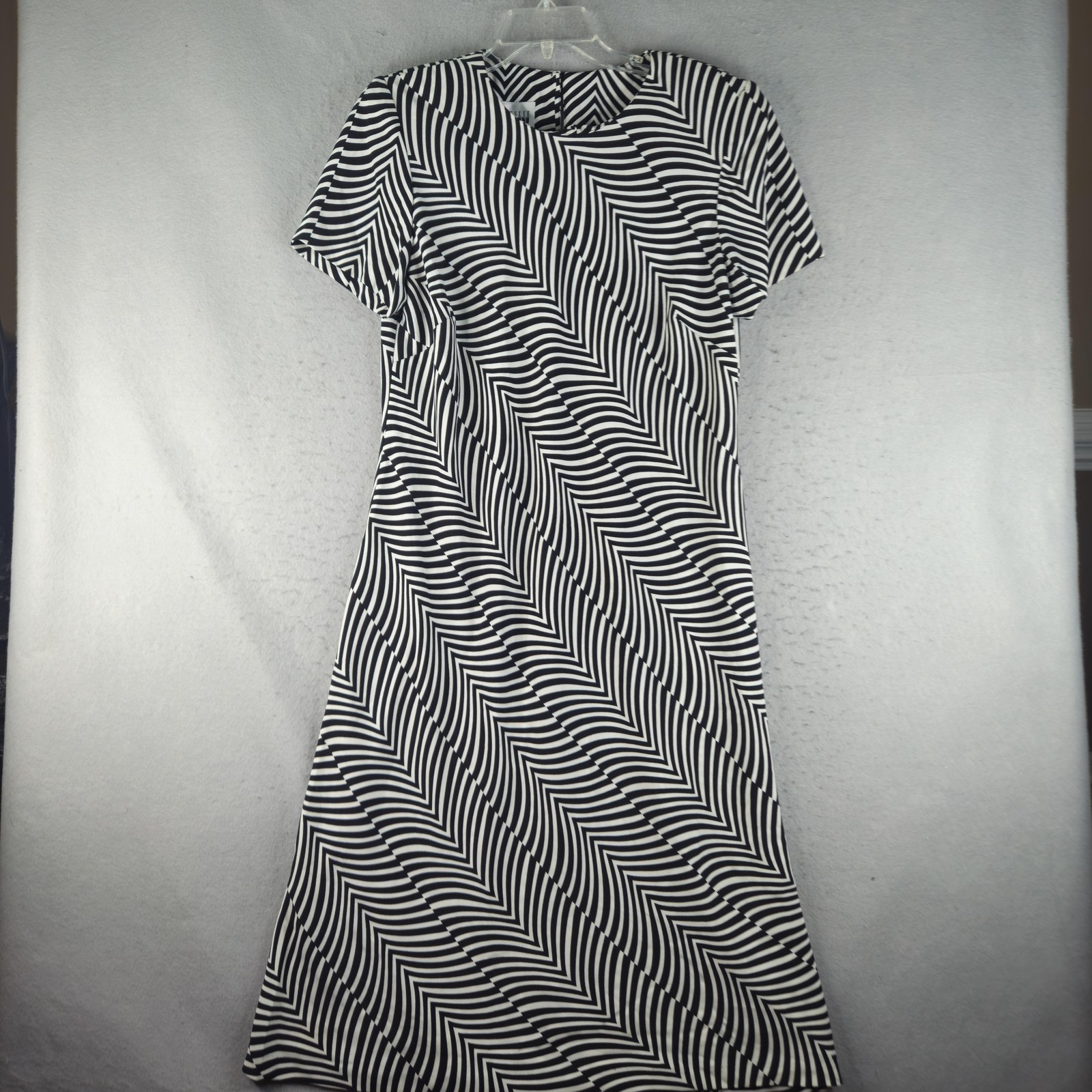 Leslie Fay Dress Womens 16 Black White Stripe A-Line Short Sleeve Midi Stretch