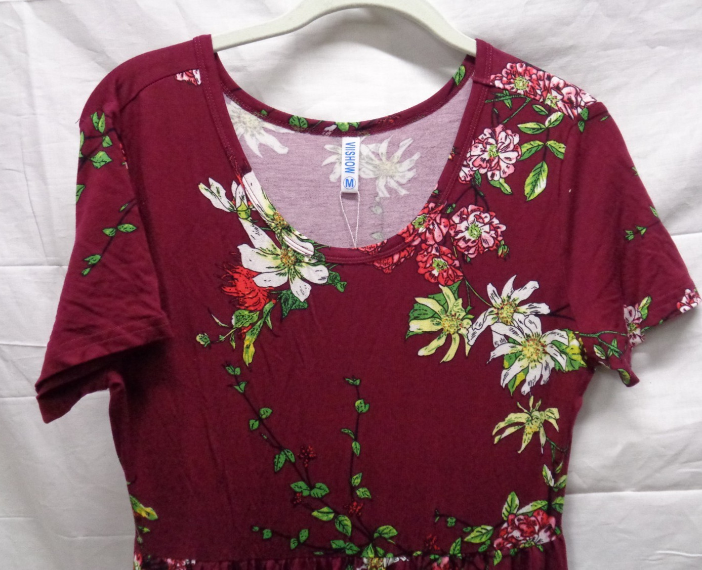 Women’s VIISHOW Short Sleeve Pullover BURGUNDY FLORAL Long Maxi Dress Size M