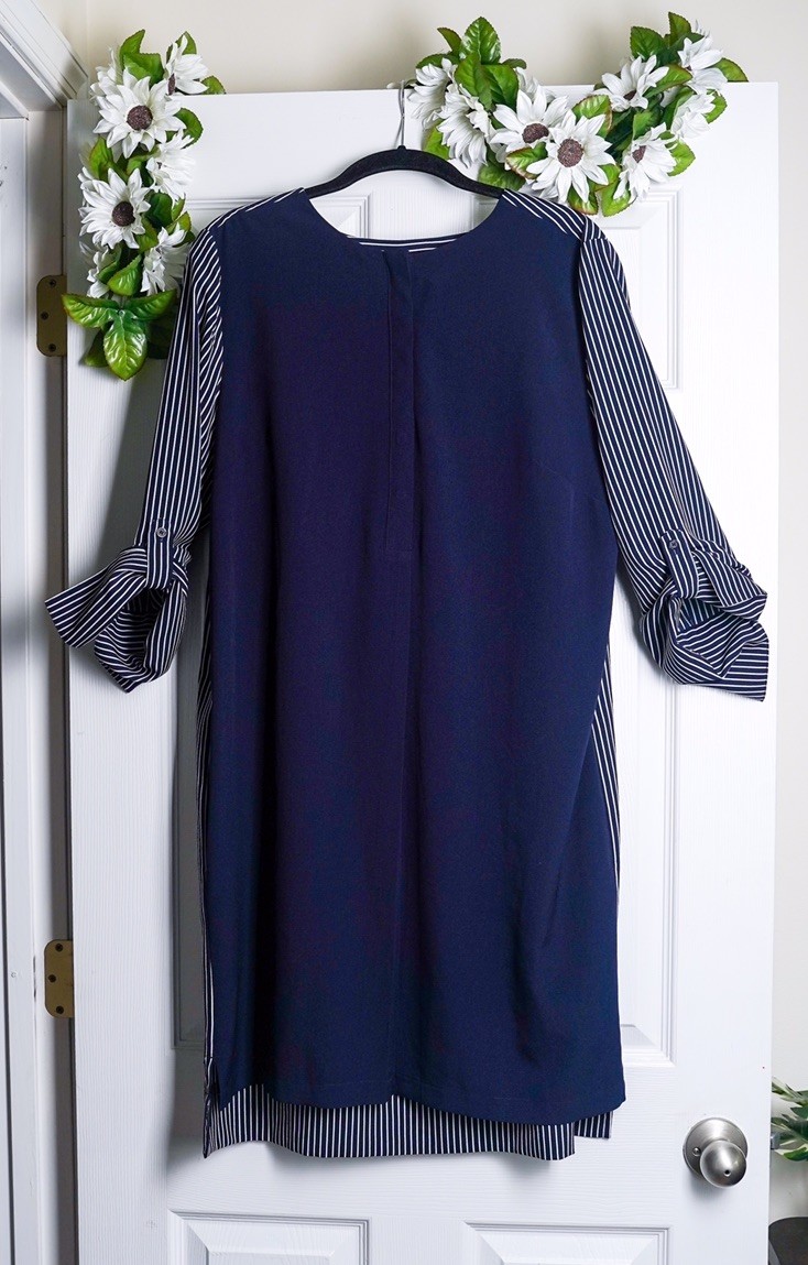 LOFT Navy Blue Shirt Dress Vertical Stripes Button Front Nautical Long Sleeves