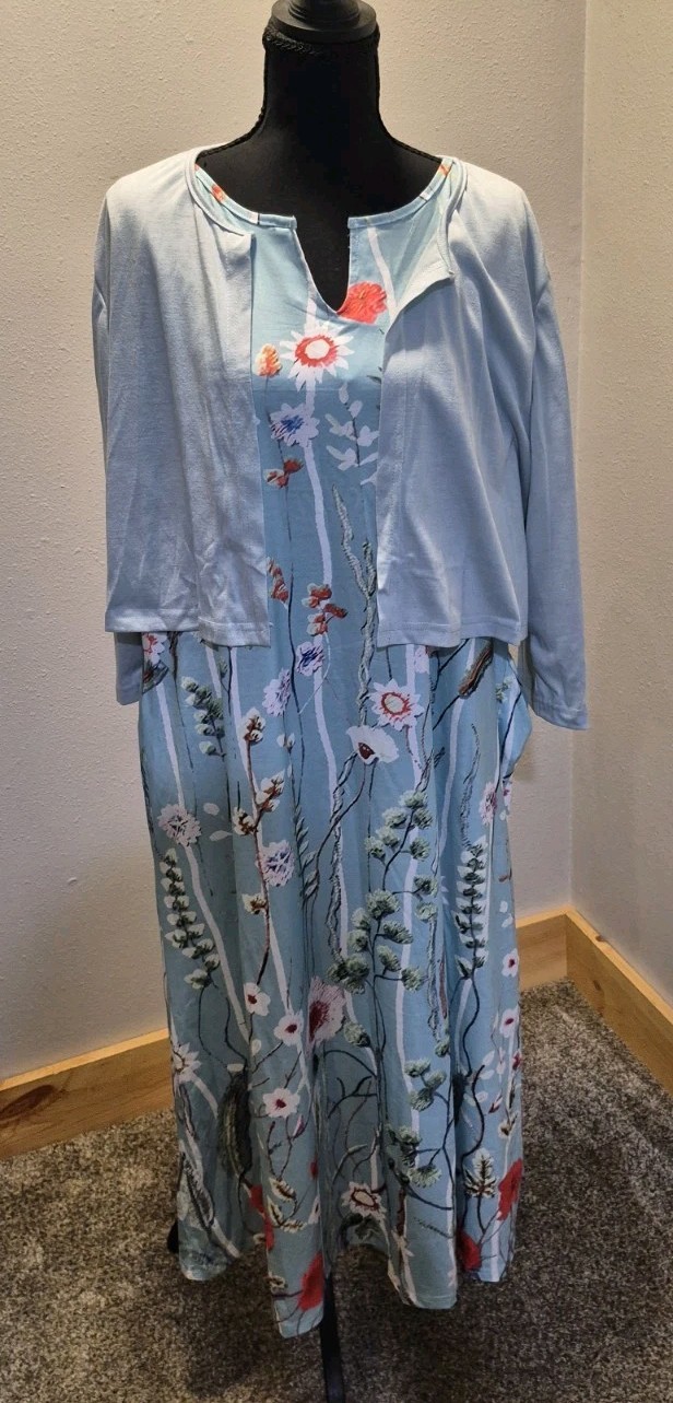 NWOT Women’s XXL Floral Midi Dress & Blue Cardigan 2 Pc Set Pockets Lightweight