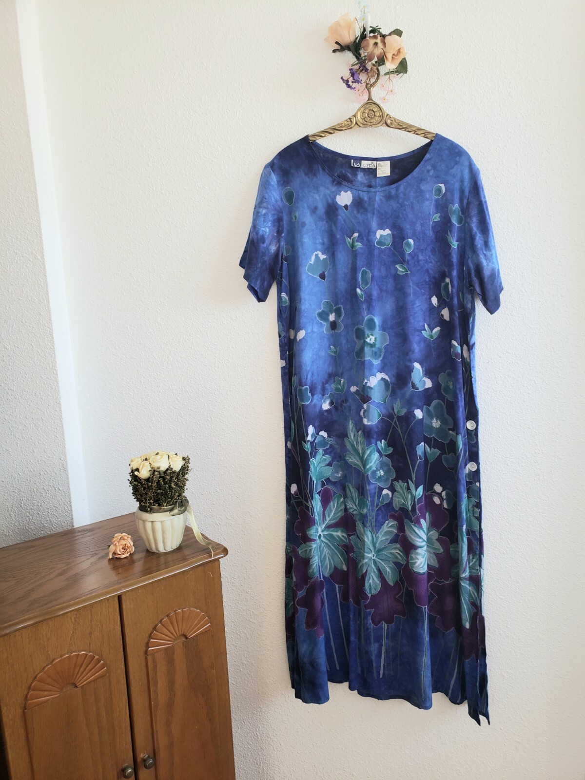 La Sera Women Shortsleeve Floral Summer Rayon Midi Dress Size S Vtg