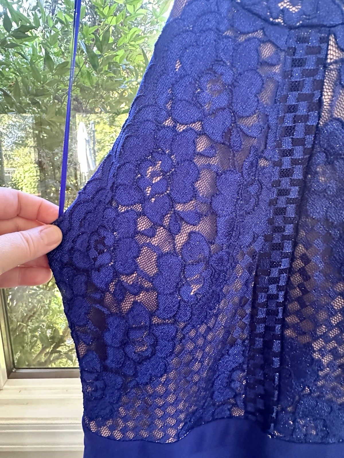 Morgan & Co. Blue Floral Lace Halter Sleeveless Long Gown Zip Sheer S/6
