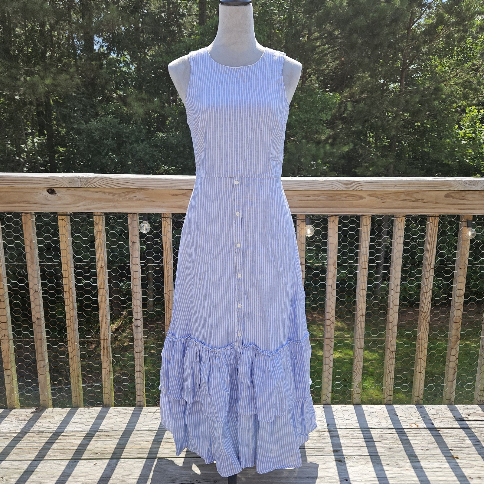 ​Antonio Melani 100% Linen Striped Tiered Maxi Dress Blue White Women’s Size 2