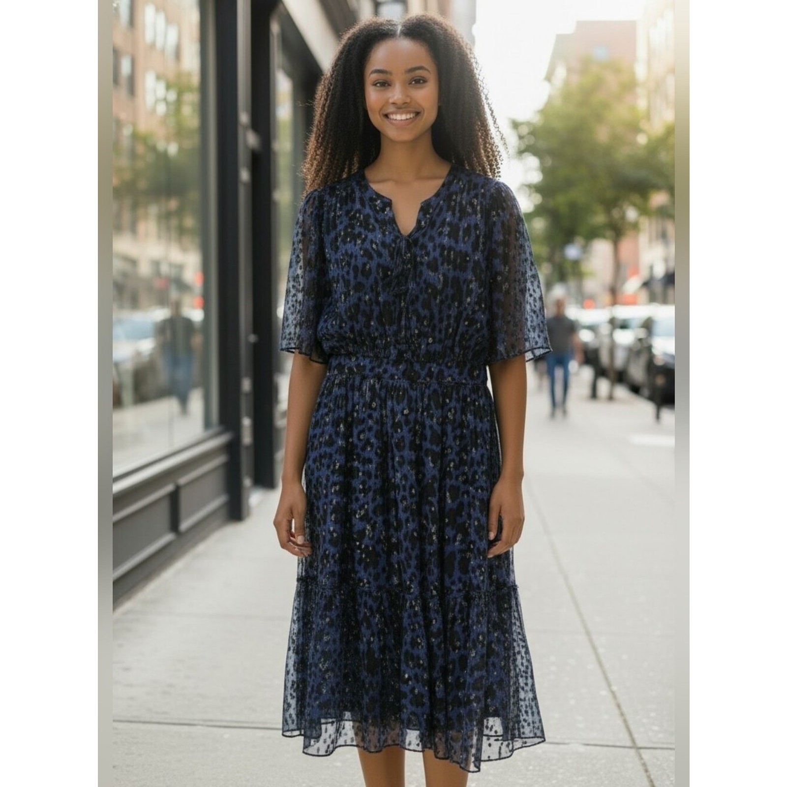Kate Spade Leopard Print Dress Blue Black Work Office Career Midi Dress