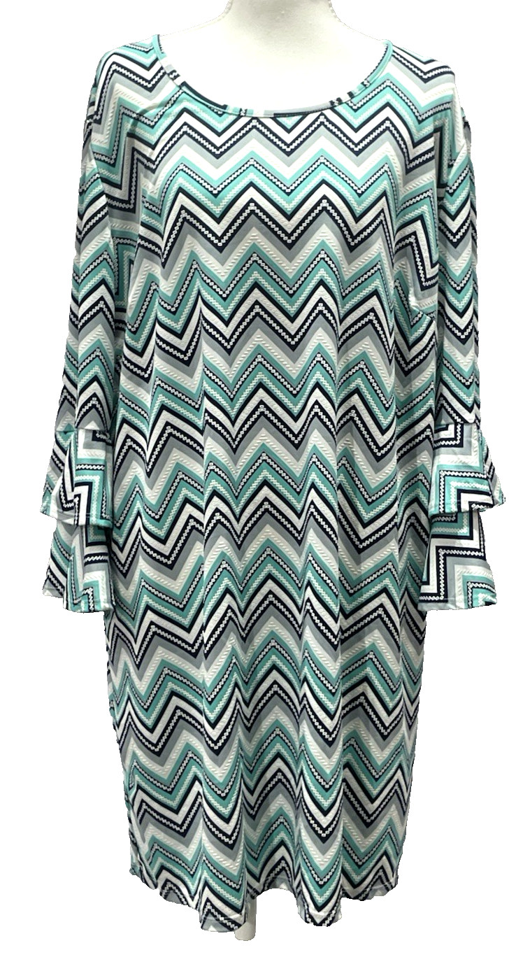 Tacera Womens Plus Blue Green Chevron 3/4 Ruffle Sleeve Pullover Sheath Dress 2X