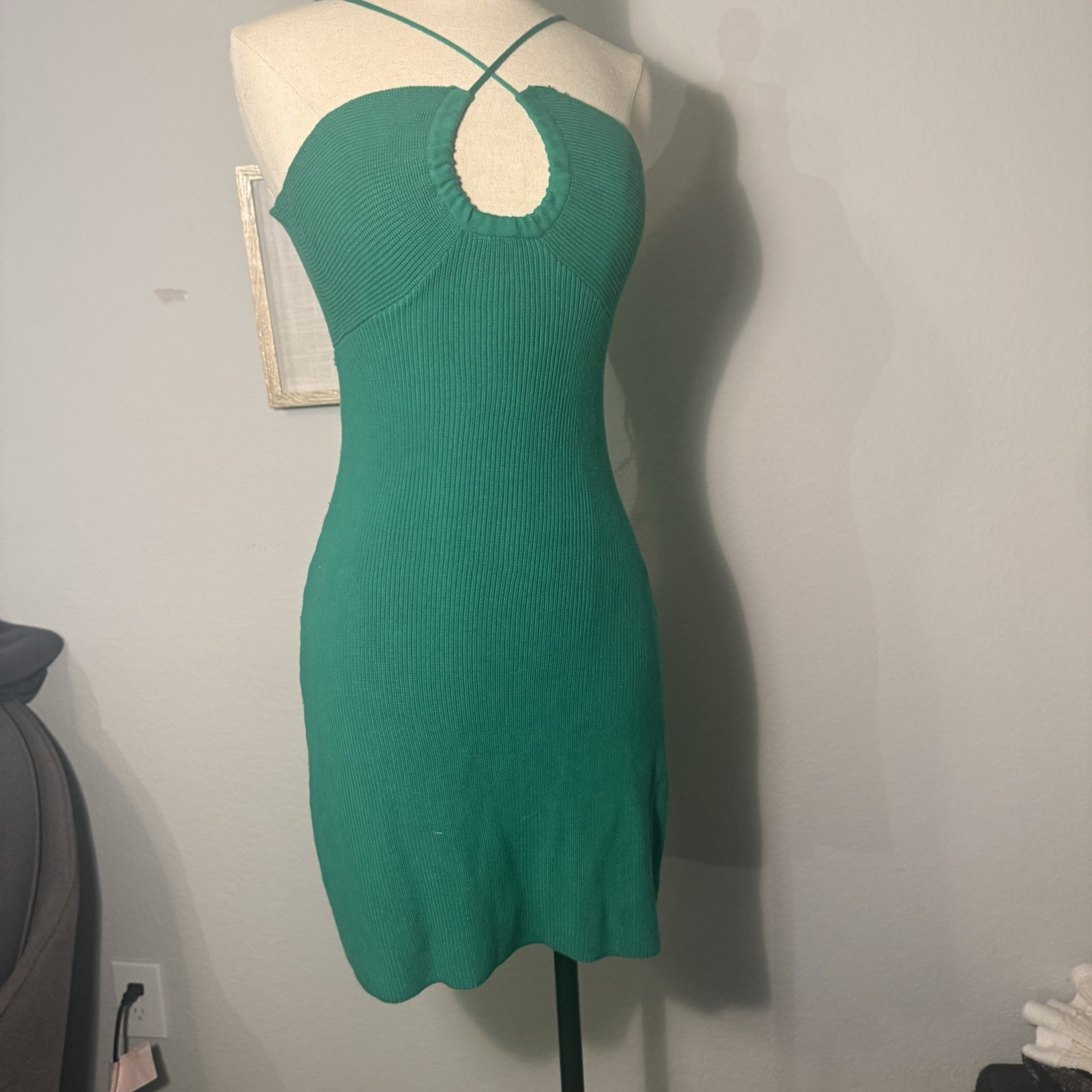 Peppermayo Green Rayon Ribbed Knit Halter Backless Bodycon Mini Dress Women S