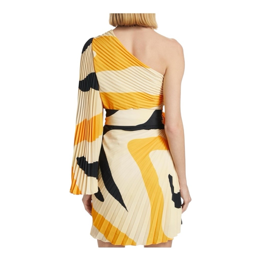 Milly One Shoulder Linden Zebra Pleated Mini Dress Size 8 Beige Yellow Black