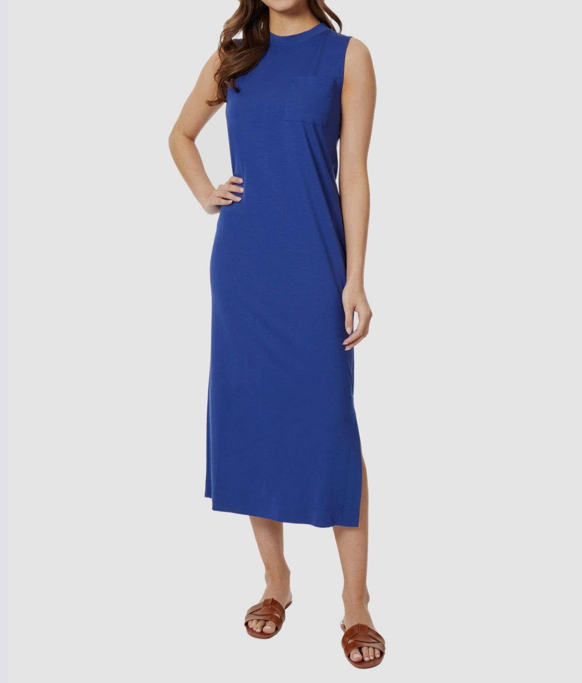 Jones New York Women Blue Crewneck Chest Pocket Sleeveless Dress Size M