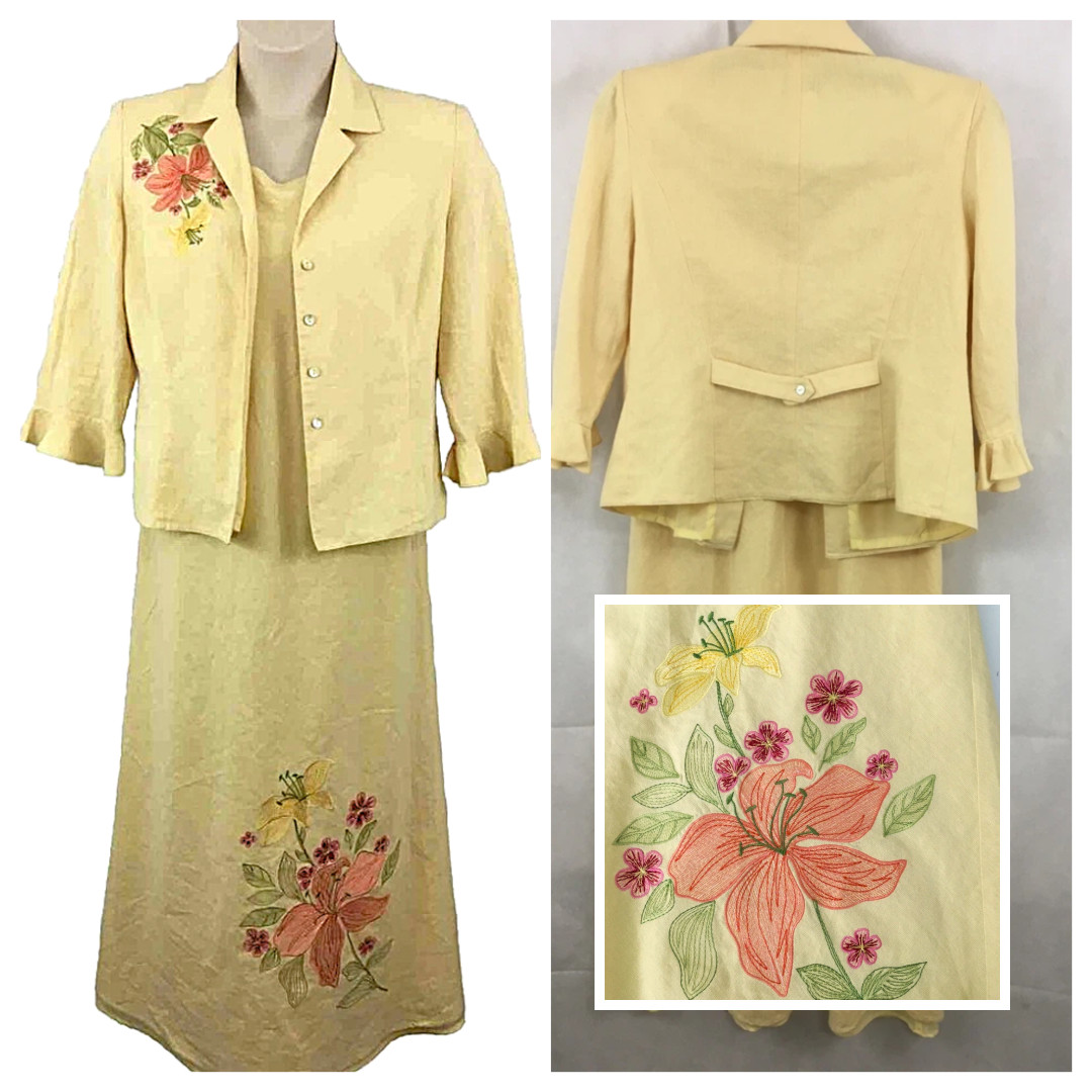 2pc Plaza South Maxi Dress & Jacket sz 8 Yellow Embroidered Linen Blend Vtg 2004