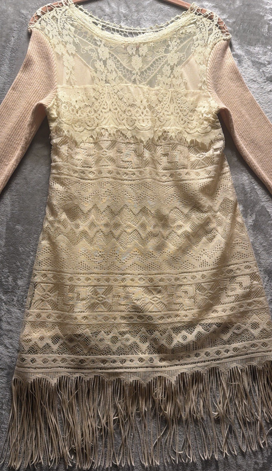 Scully Dress Womens S Beige Western Fringe Boho Crochet Lace Tunic Tribal Lined