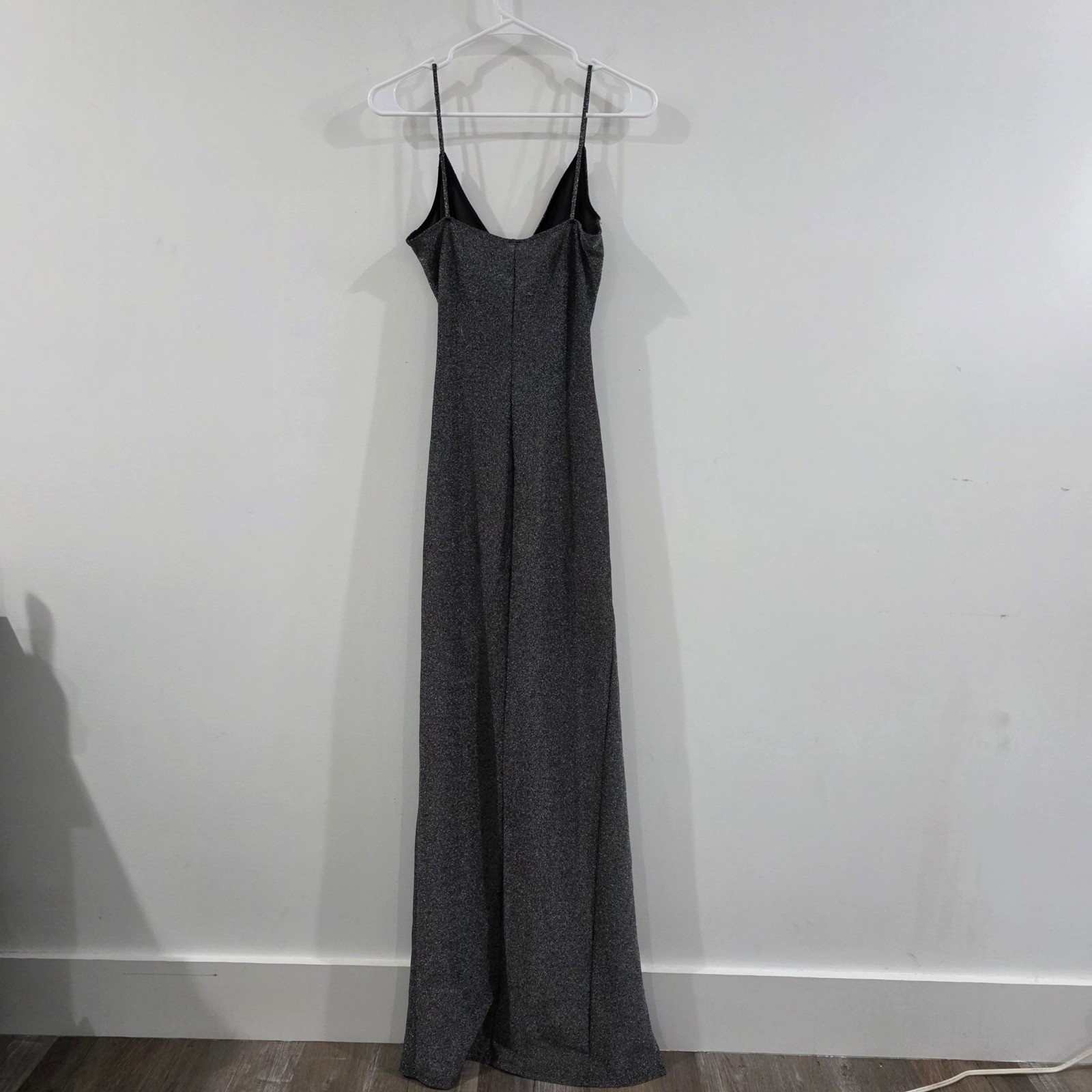 Windsor Metallic Lurex Ruched High Slit Formal Maxi Dress Size Medium Gray Glam