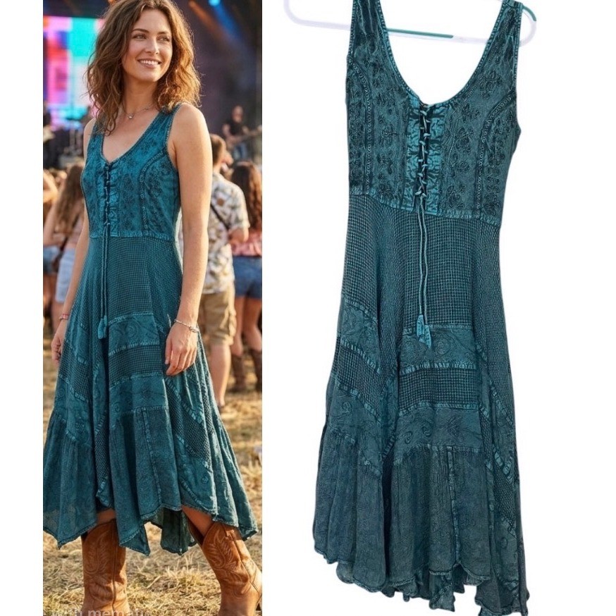 Belma O/S Teal Mineral Wash Embroidered Lace Up Patchwork Dress Boho Western