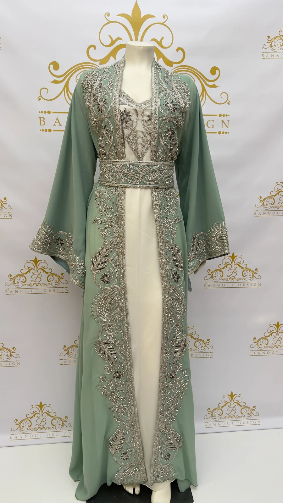 Fancy Kaftan Caftan Abaya 3 Pcs. Leaves Embellished Embroidery & Silver Beads