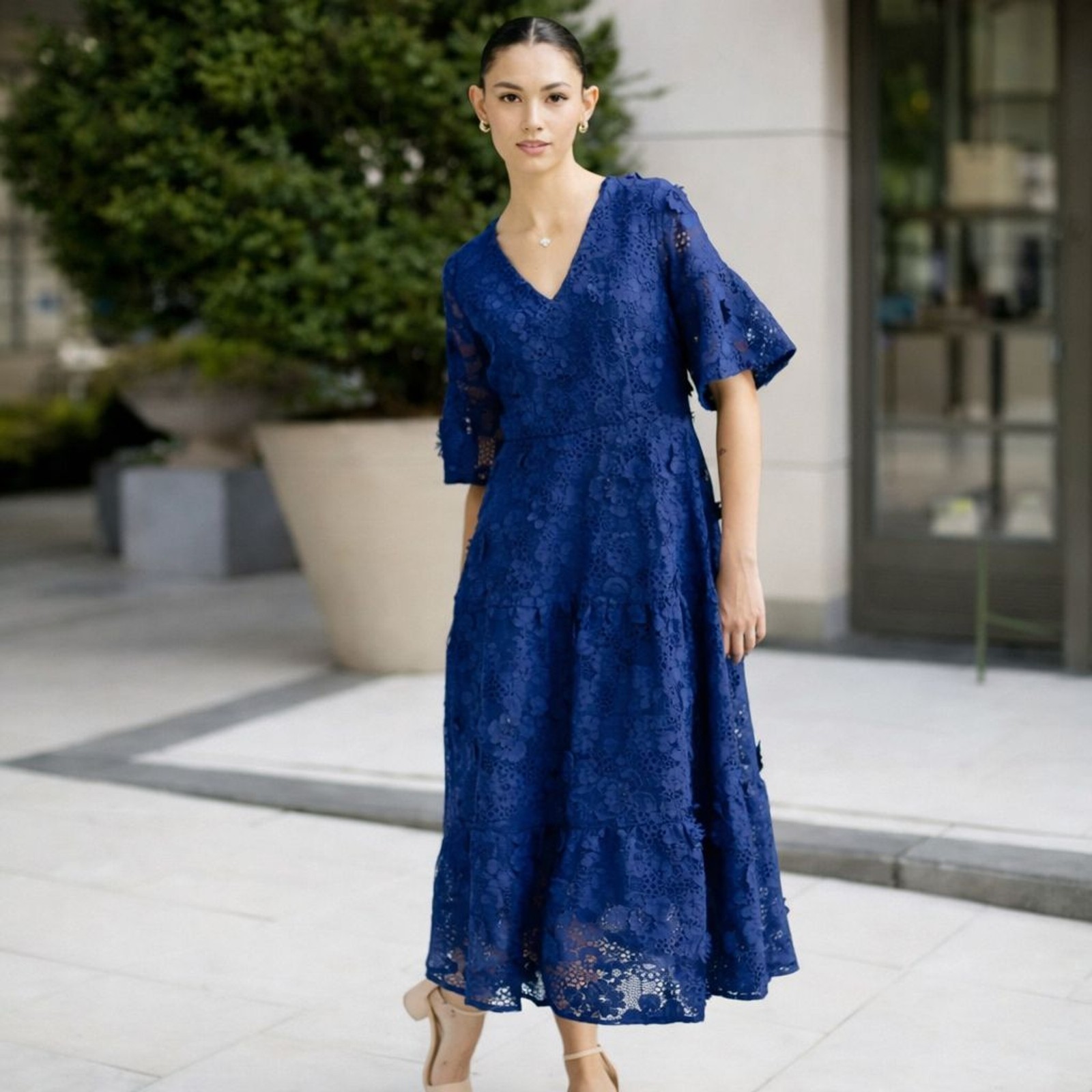 Abbey Glass Ellery 3D Lace Midi Dress Women L Royal Blue Floral Elegant Formal