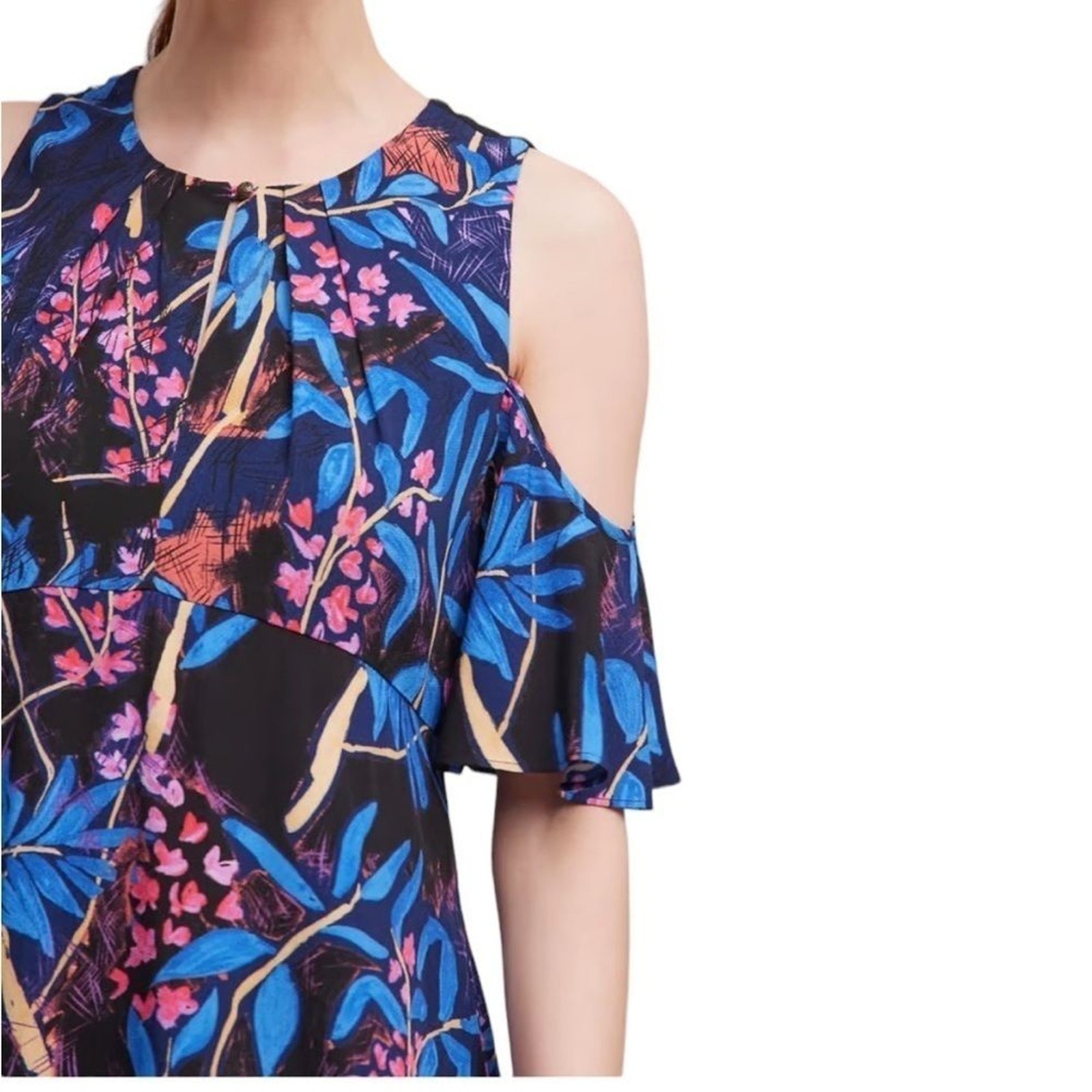 ANTHRO MAEVE ELIA NAVY MARINE MULTI COLD SHOULDER SHORT SLEEVE FLORAL DRESS 6