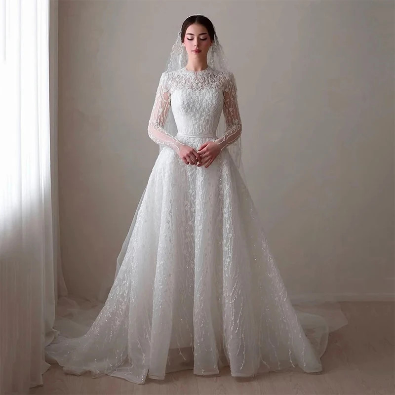 Sparkling Embroidered Wedding Dress A-line High Neck Long Sleeve Bridal Gown
