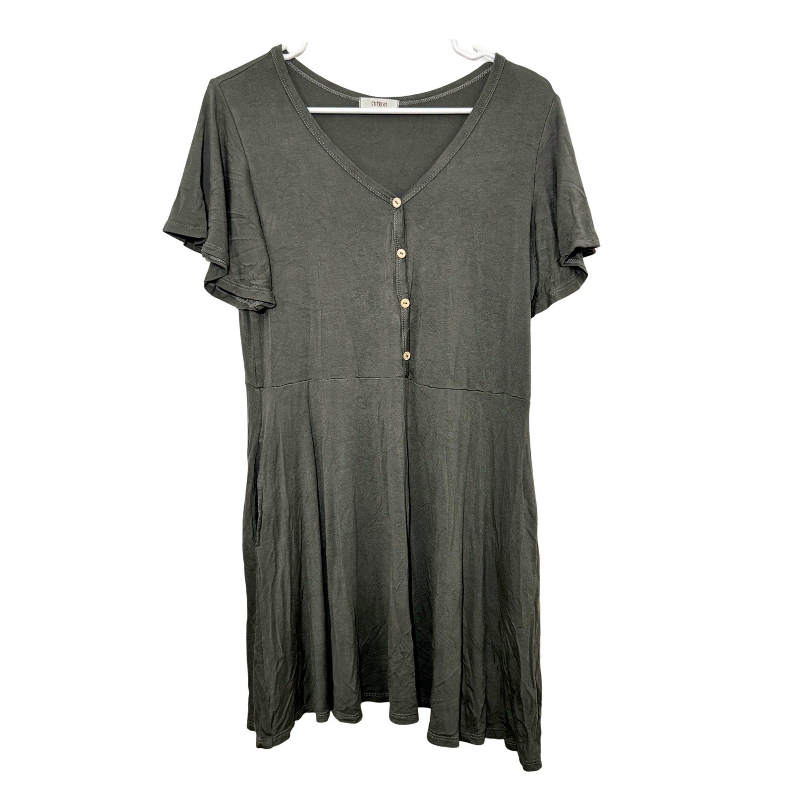 Cherish Green Short Flutter Sleeve V-Neck Pocket Dress Medium Soft Casual Beach