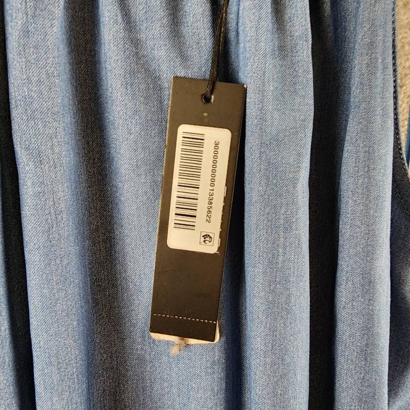T Tahari Tiered Fit & Flare Halter Maxi Dress Womens M Denim Belted Button Strap