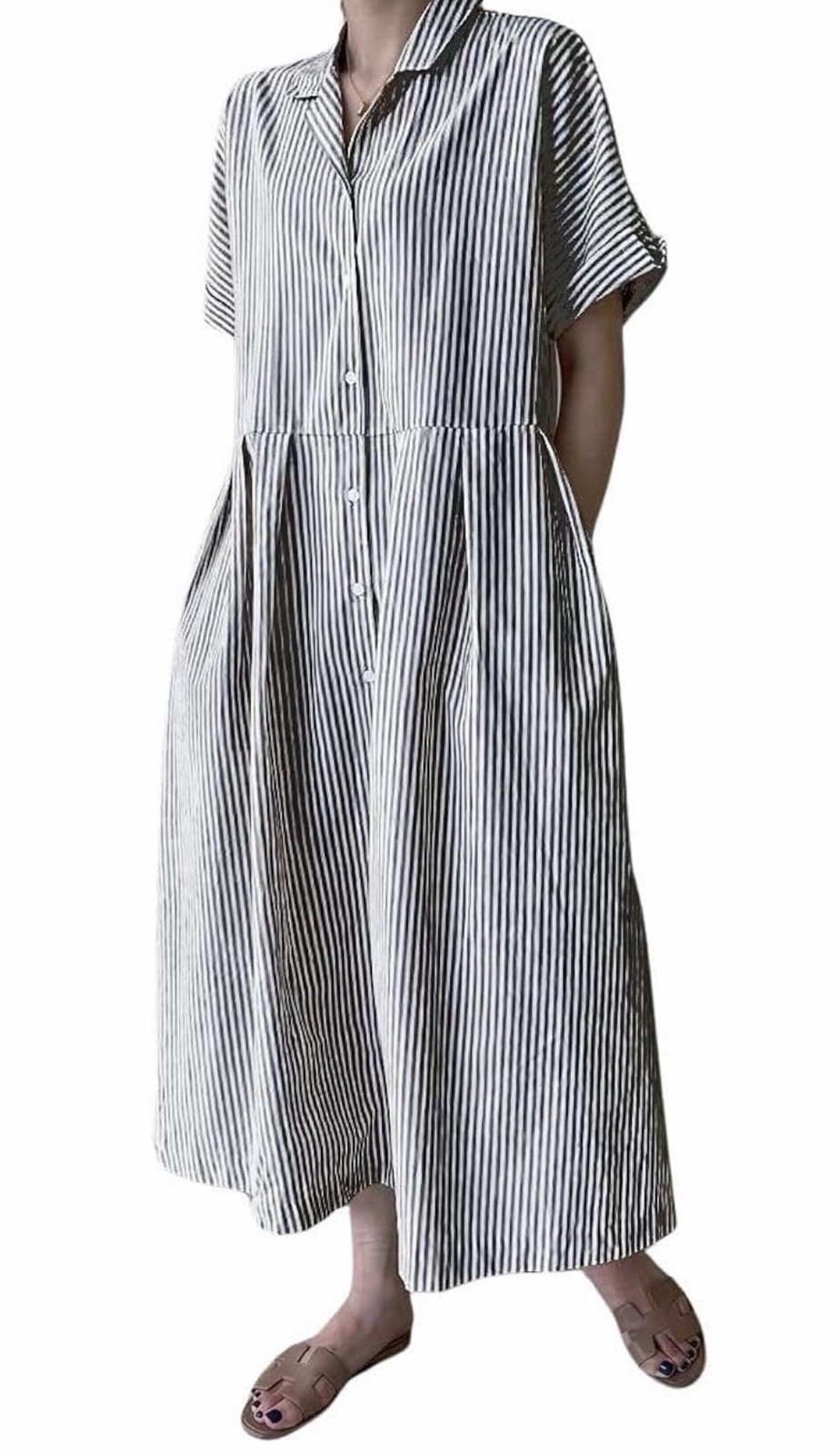 chouyatou Cotton Striped Shirt Dress Button Up Short Sleeve Shift Dress Pockets