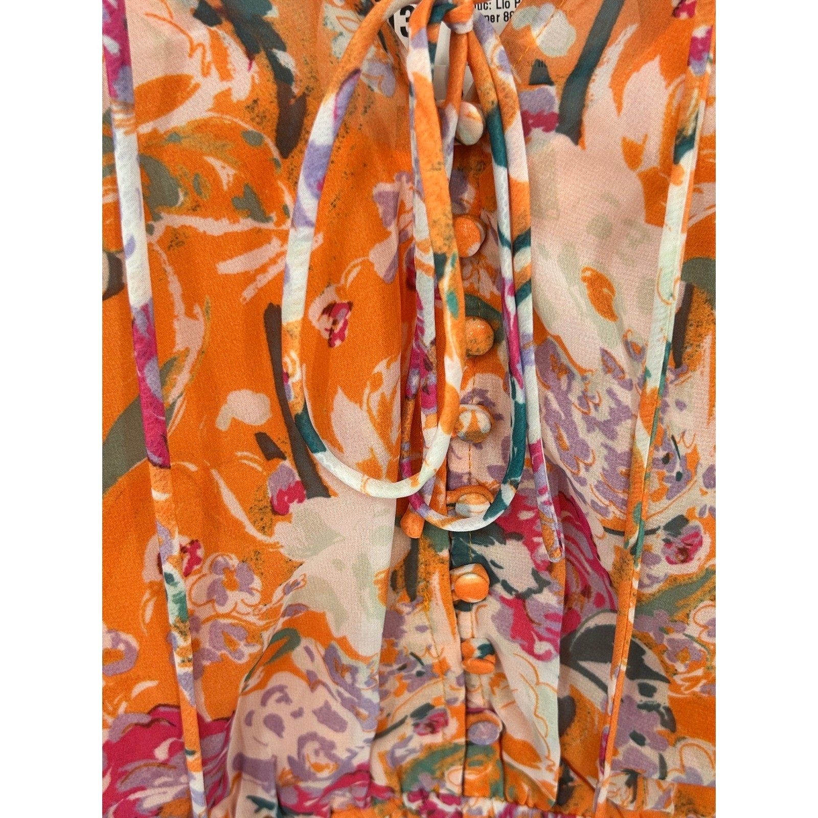 NEW DELUC LARGE Romper Orange Floral Print Tie Neck Long Sleeve Ruffle – AC