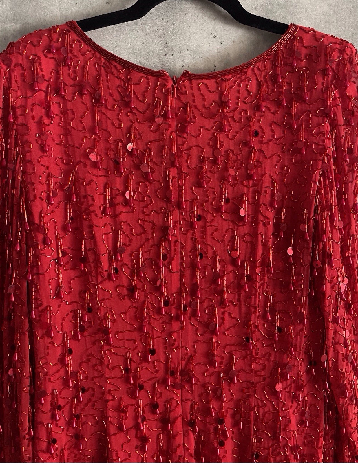 Vintage 90s Oleg Cassini Red Beaded Sequin Fringe Silk Evening Gown Dress 4