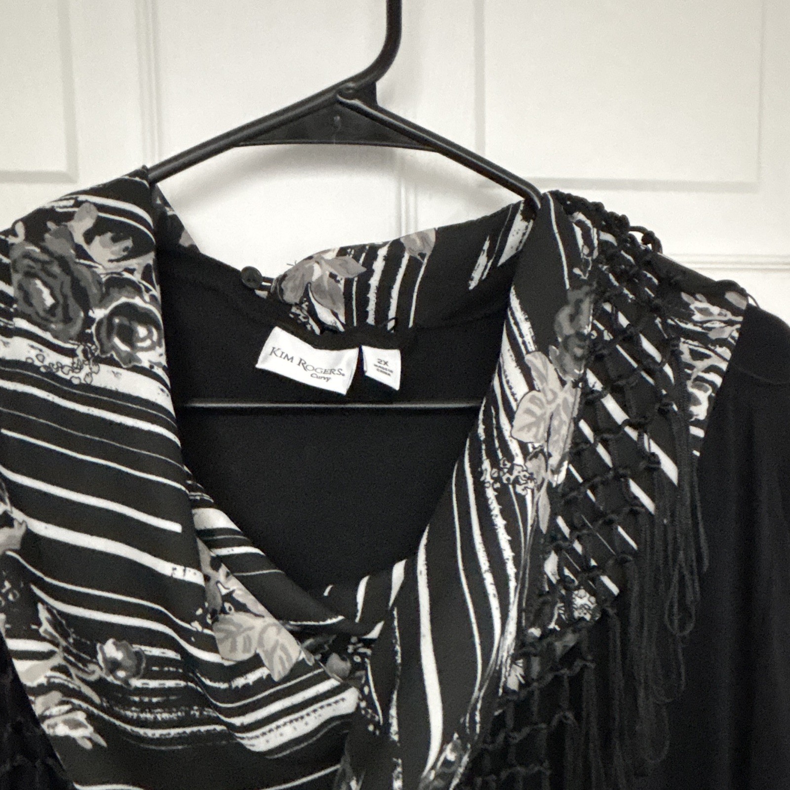 Kim Rogers 2X Plus Black Knit Shift Dress Cowl Neck Long Sleeve Fringe Scarf
