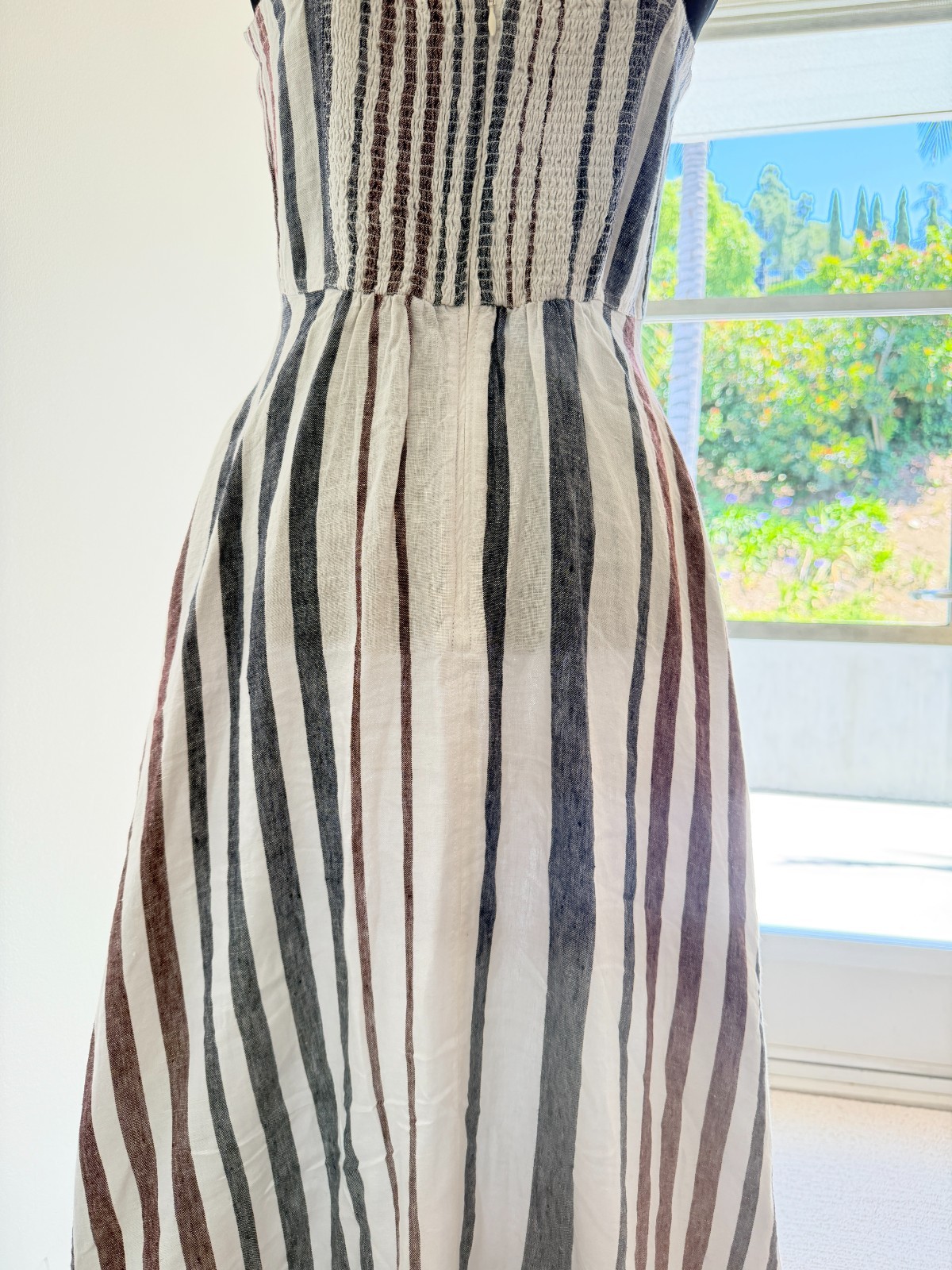 Madewell 100% Linen Striped Circle Maxi Dress w POCKETS White Blue Red US 4