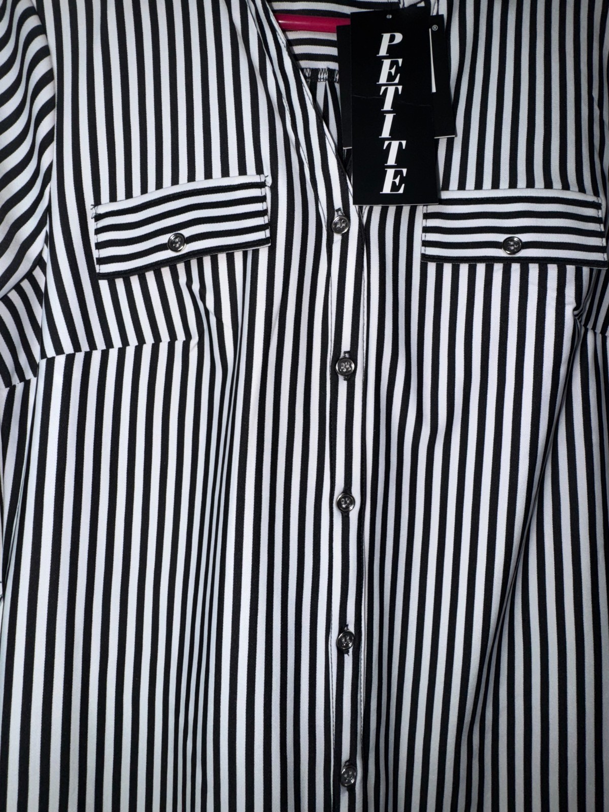 Mile Gabrielle Petite Striped Button-Down Shirt Dress Black White Roll Tab Sleev