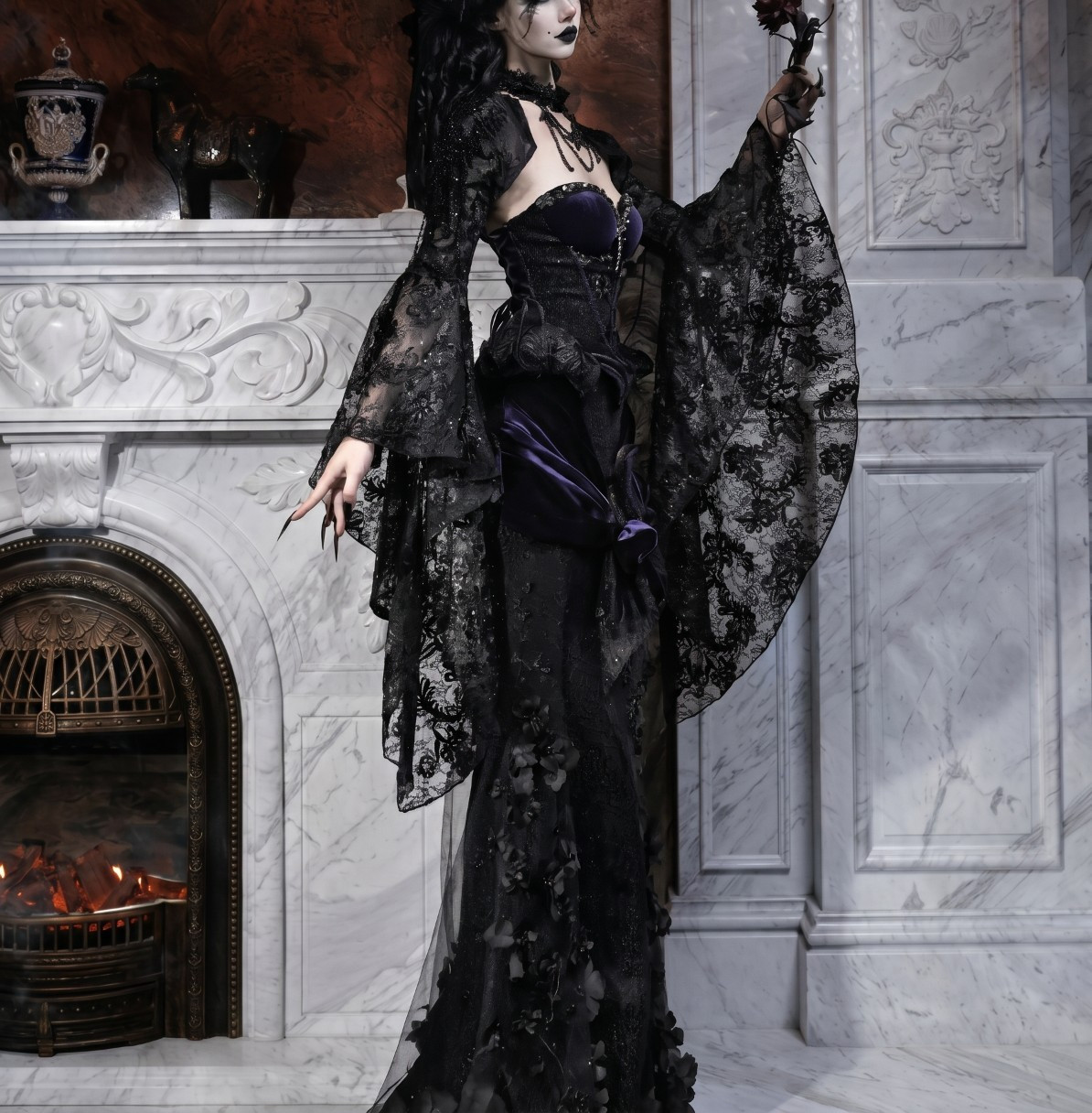 Mourning Day Gothic Beaded Embroidered Fishtail Maxi Dress