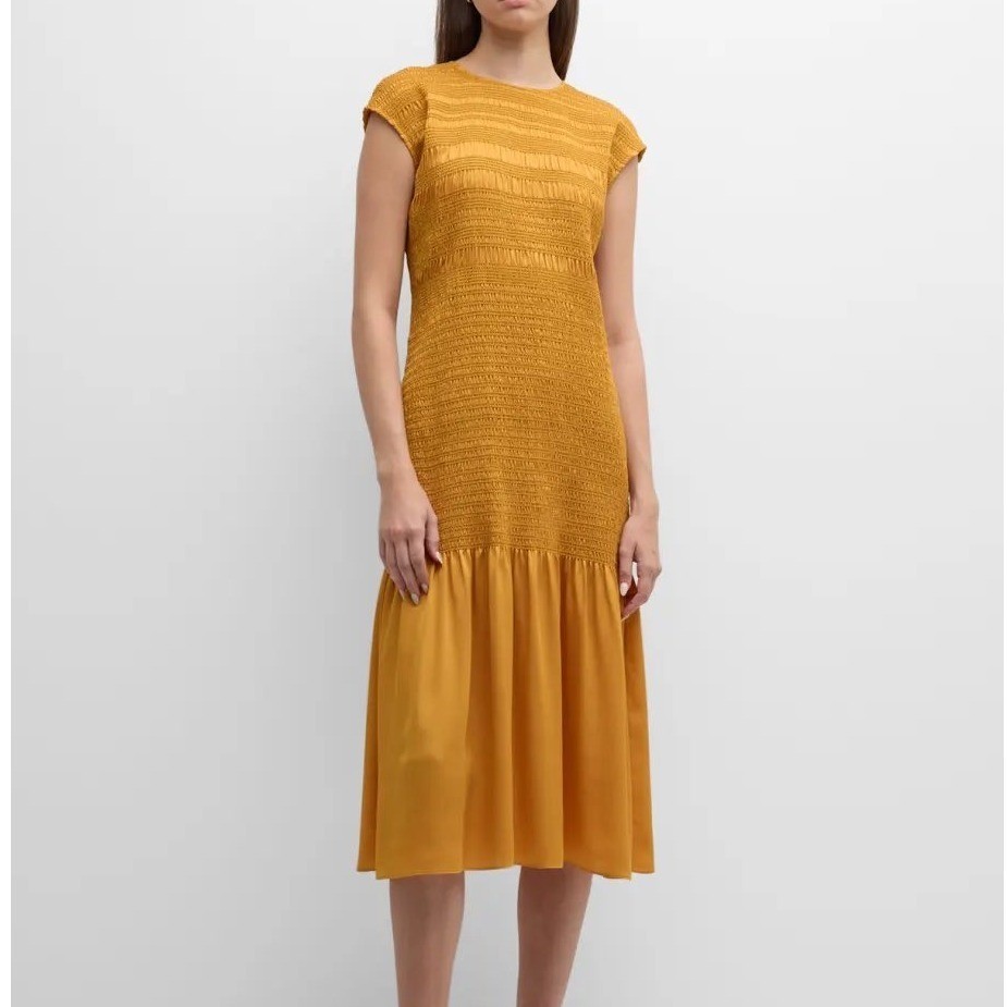 Lafayette 148 Gold Yellow Smocked Cap Sleeve Flounce Ruffle Hem Midi Dress – M