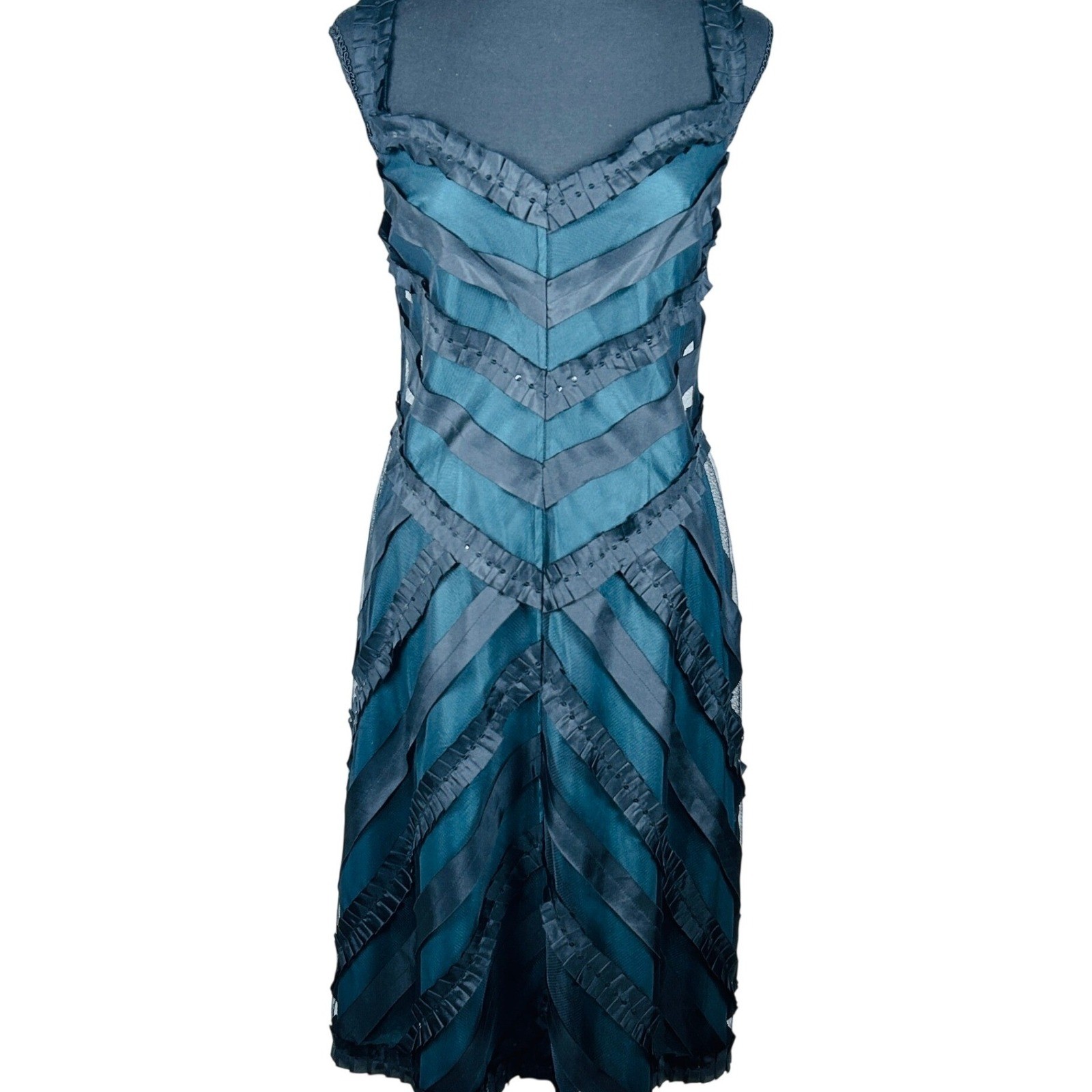 Teal Black Chevron Ruffle Sequin Cocktail Dress Sleeveless Sweetheart V-Back
