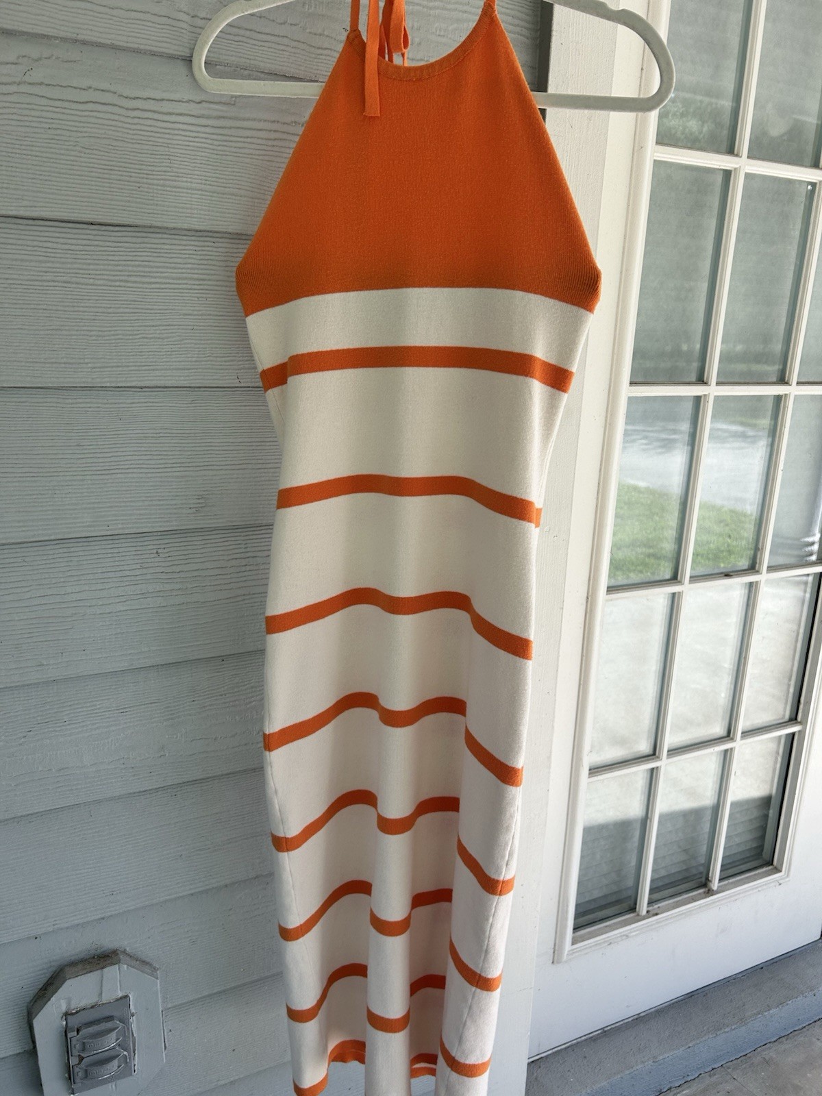 Lulus Orange & Ivory Stripped Knit Fitted Halter Midi Dress XS Y2K summer Beach